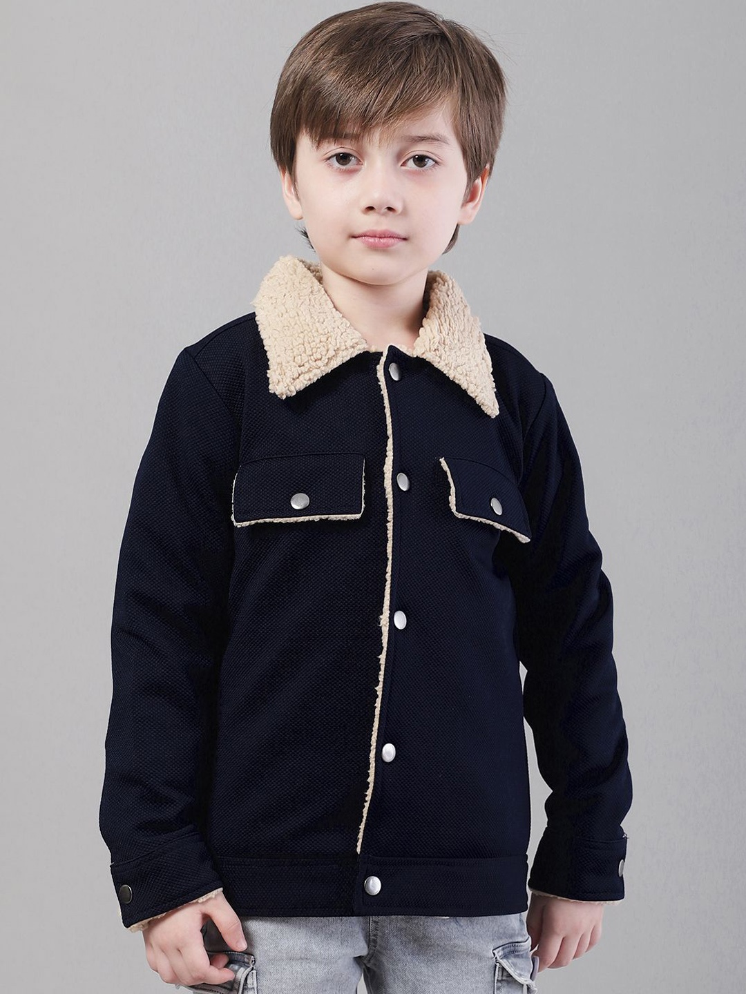 

HOUSE OF VEDAS Boys Spread Collar Solid Casual Bomber Jacket, Navy blue