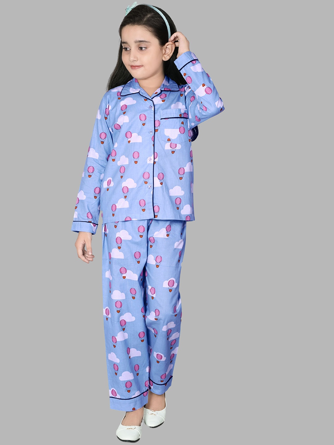 

YK Girls Printed Pure Cotton Shirt with Trousers, Blue