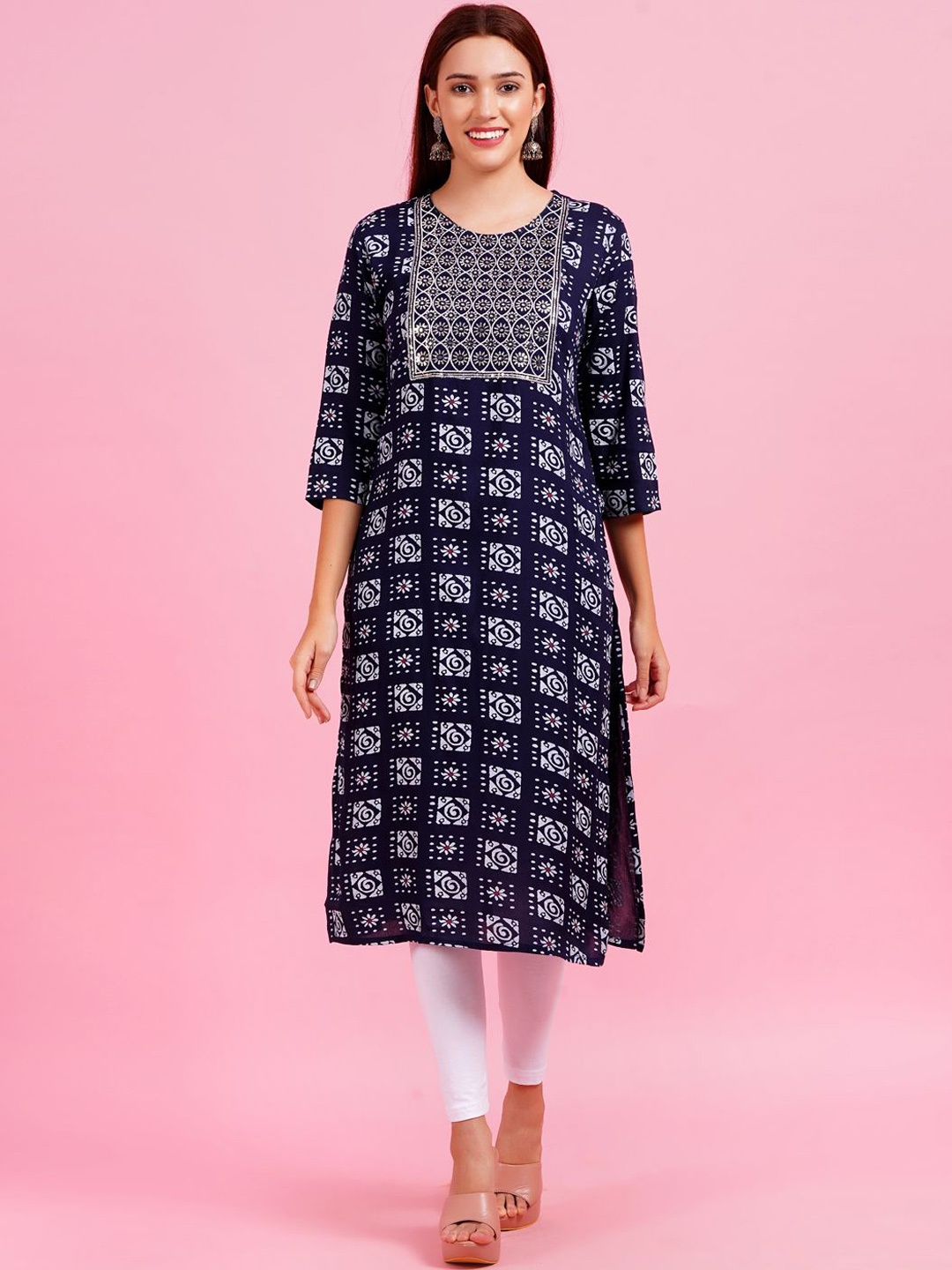 

KALINI Geometric Printed Mirror Work Cotton Straight Kurta, Blue