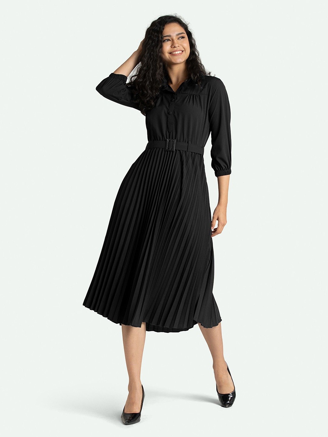 

Krunal Raiyani Shirt Collar Pleated Fit & Flare Dress, Black