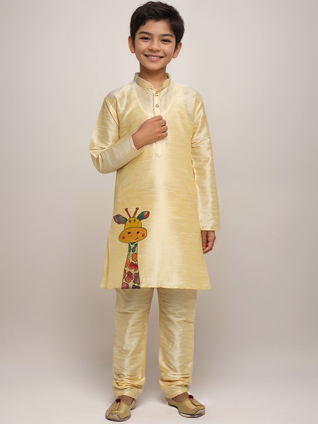 

DEVOILER Boys Animal Printed Regular Art Silk Straight Kurta with Churidar, Beige