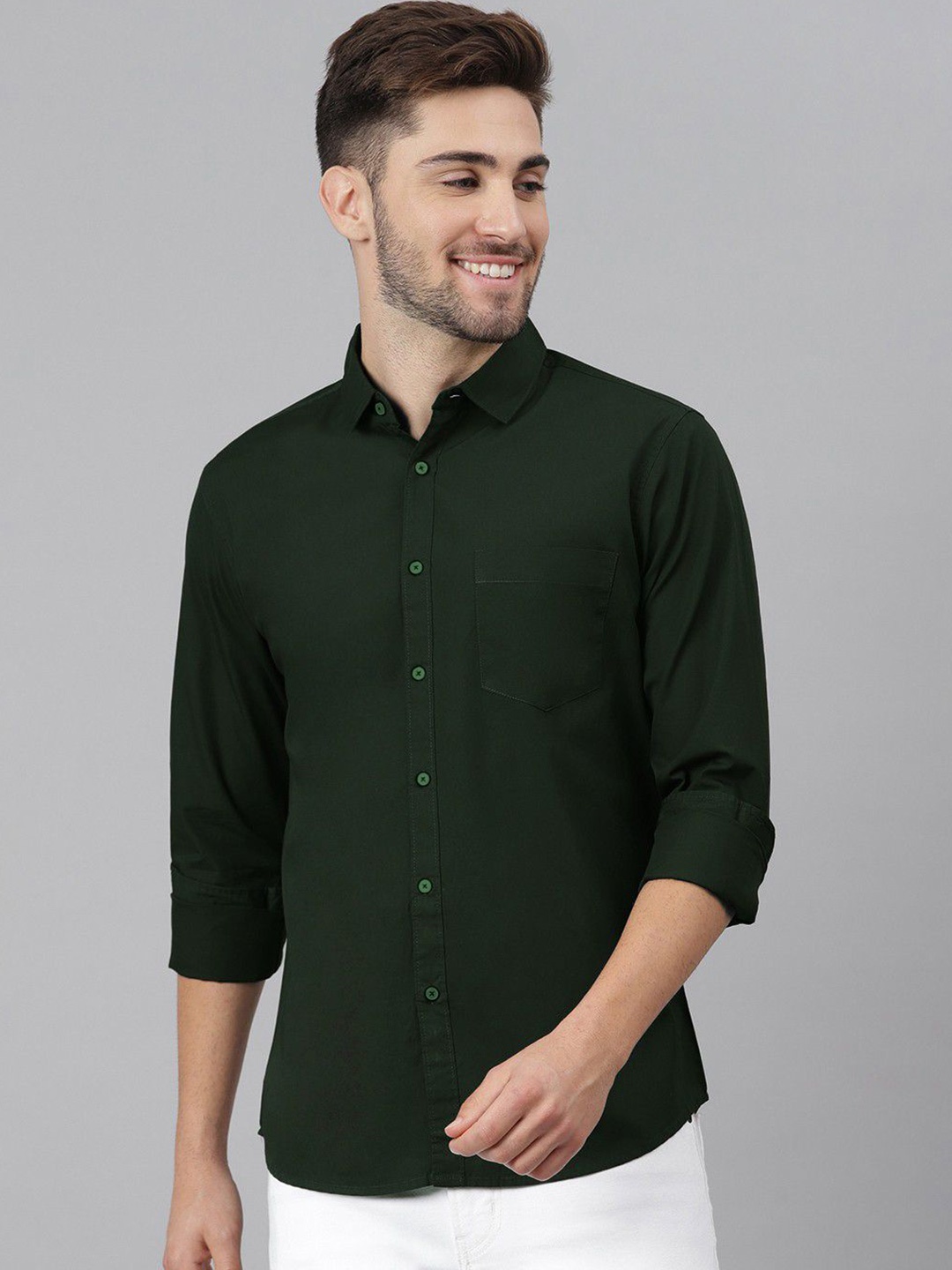 

Provogue Men India Slim Spread Collar Solid Cotton Casual Shirt, Green