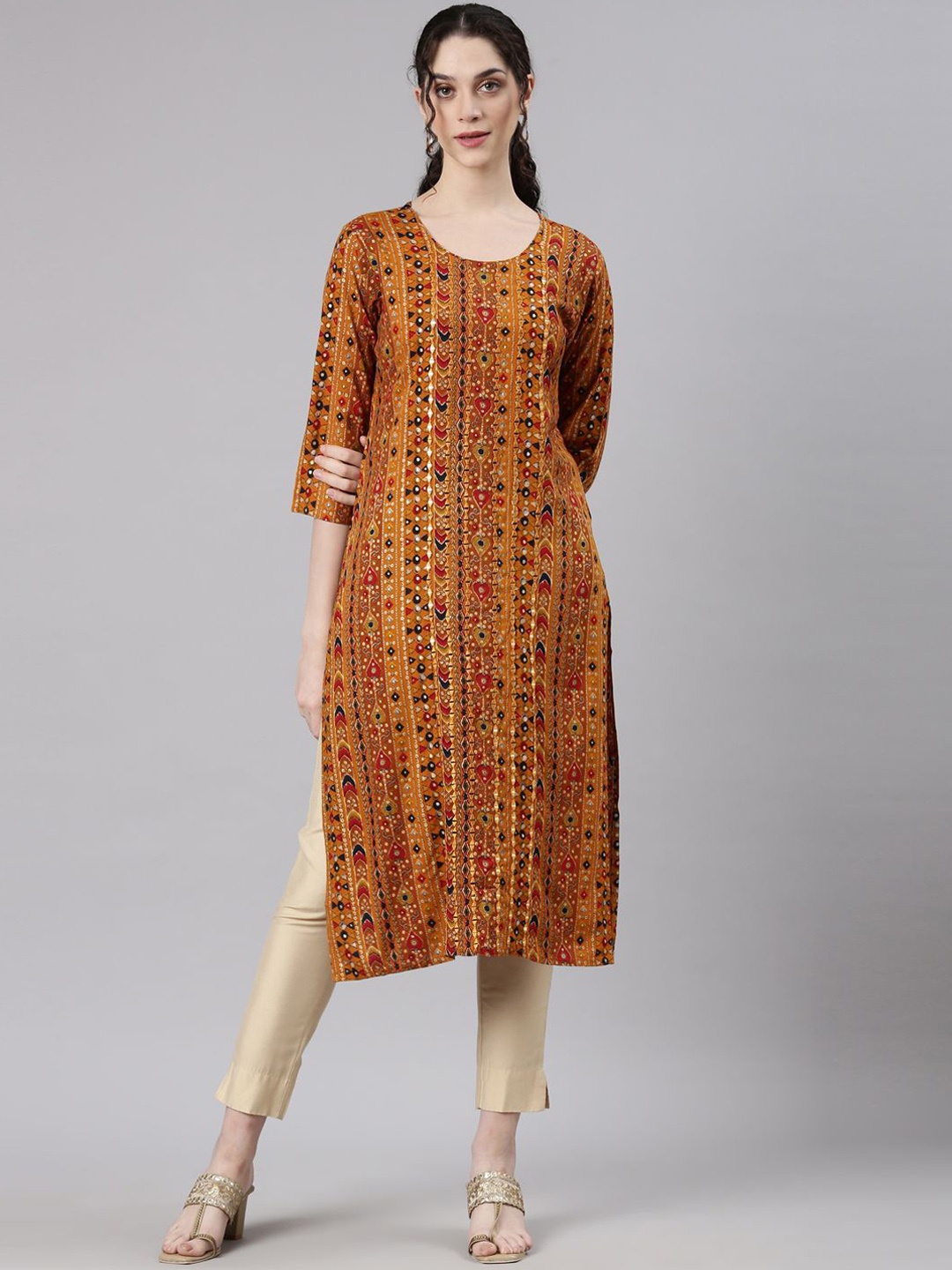 

Neerus Geometric Printed Sequinned Straight Kurta, Mustard