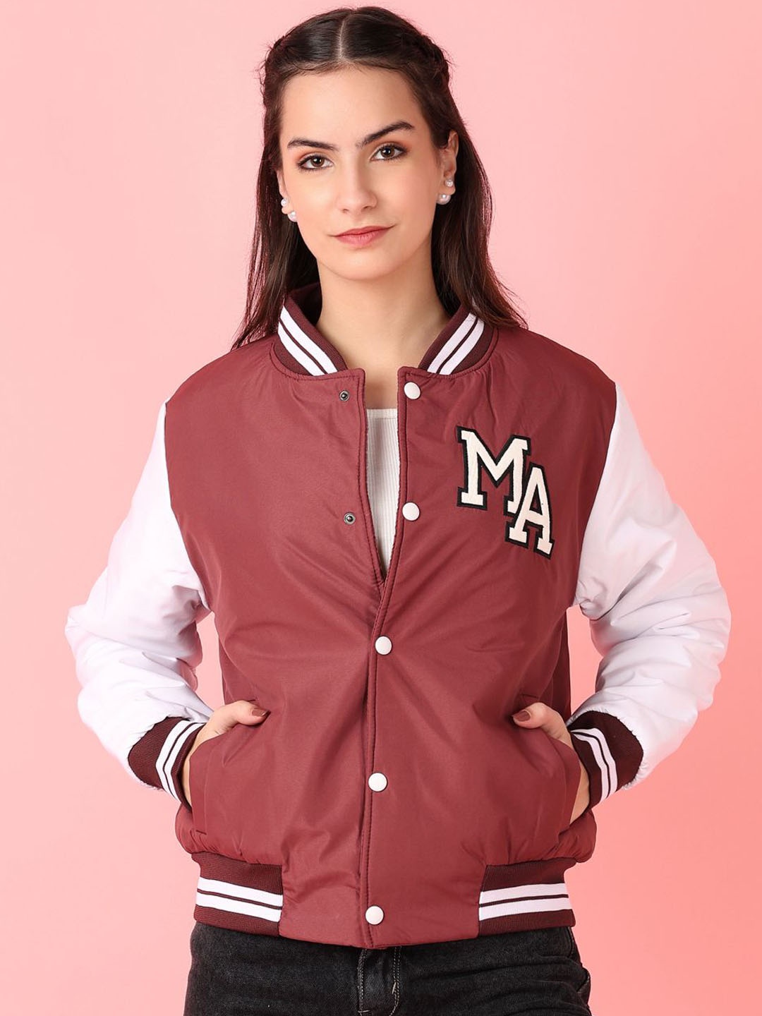 

V-Mart Women Stand Collar Typography Printed Cotton Casual Varsity Jacket, Maroon