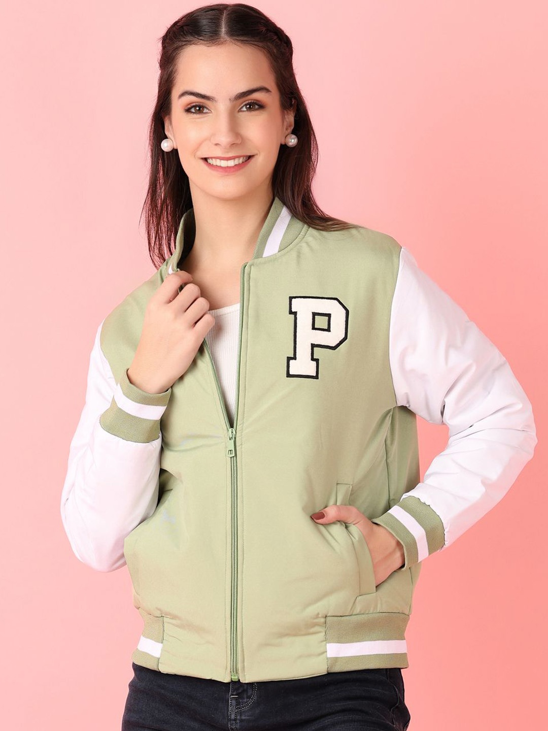 

V-Mart Women Stand Collar Typography Printed Cotton Casual Bomber Jacket, Olive