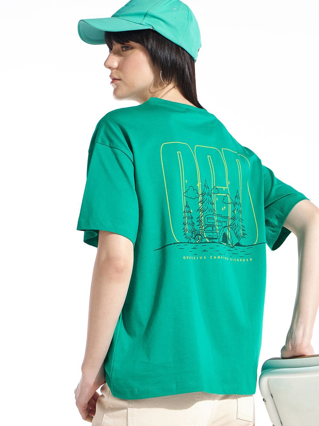 

Bewakoof Women Graphic Printed Round Neck Cotton Oversized T-shirt, Green