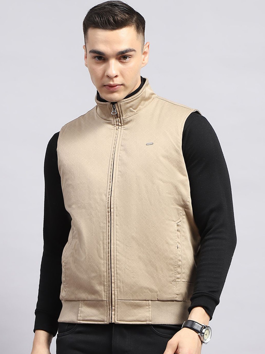 

Monte Carlo Men Mock Collar Solid Cotton Casual Open Front Jacket, Beige