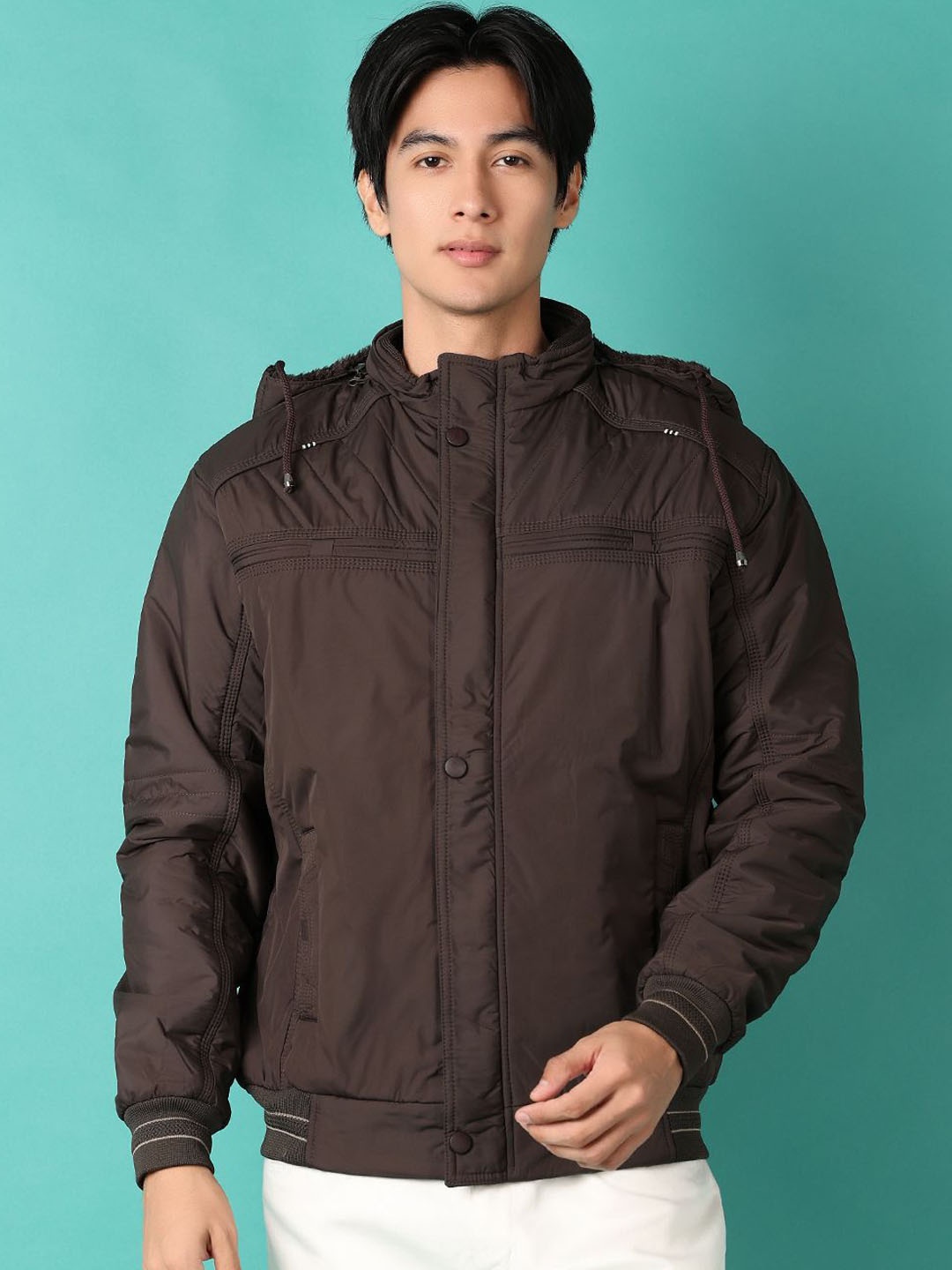 

V-Mart Men Hooded Solid Cotton Casual Bomber Jacket, Brown