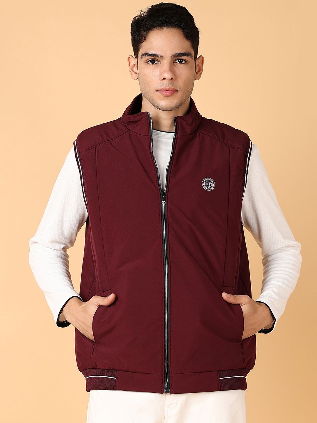 

V-Mart Men Mock Collar Solid Cotton Casual Bomber Jacket, Maroon