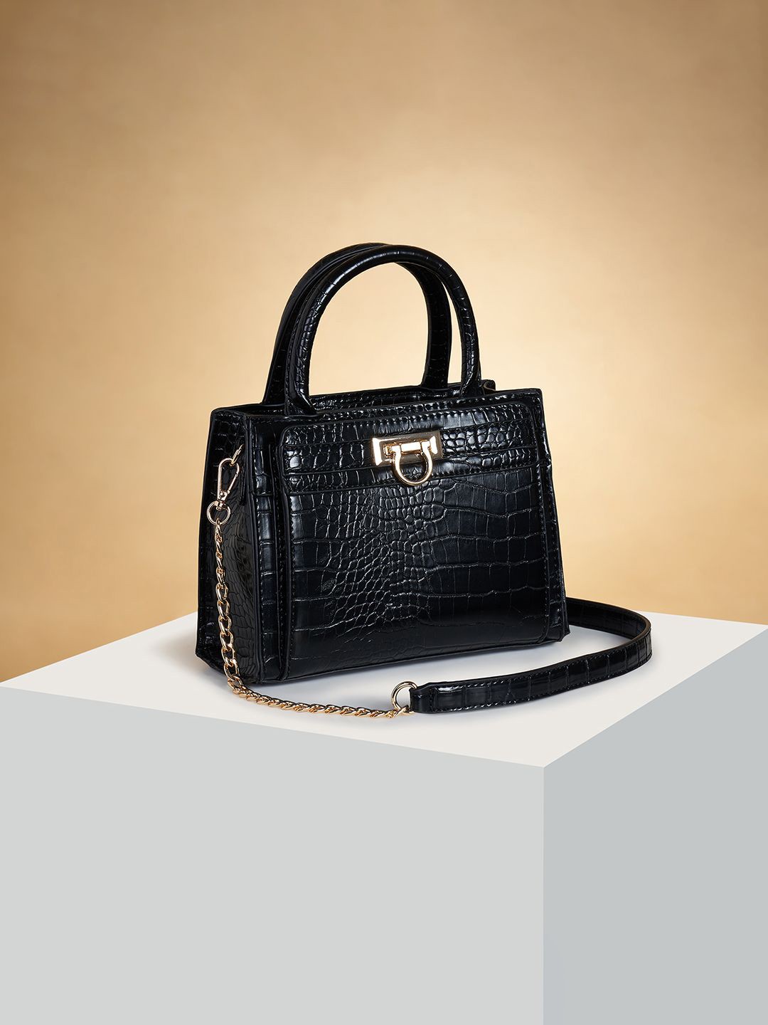 

Forever Glam by Pantaloons Women Textured Structured Handheld Bag, Black