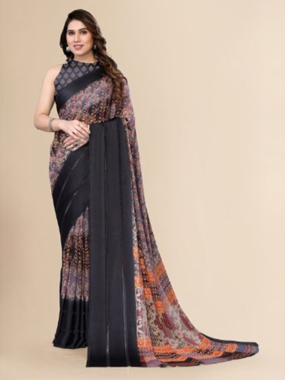 

Rujave Floral Printed Zari Pure Chiffon Leheriya Saree, Black