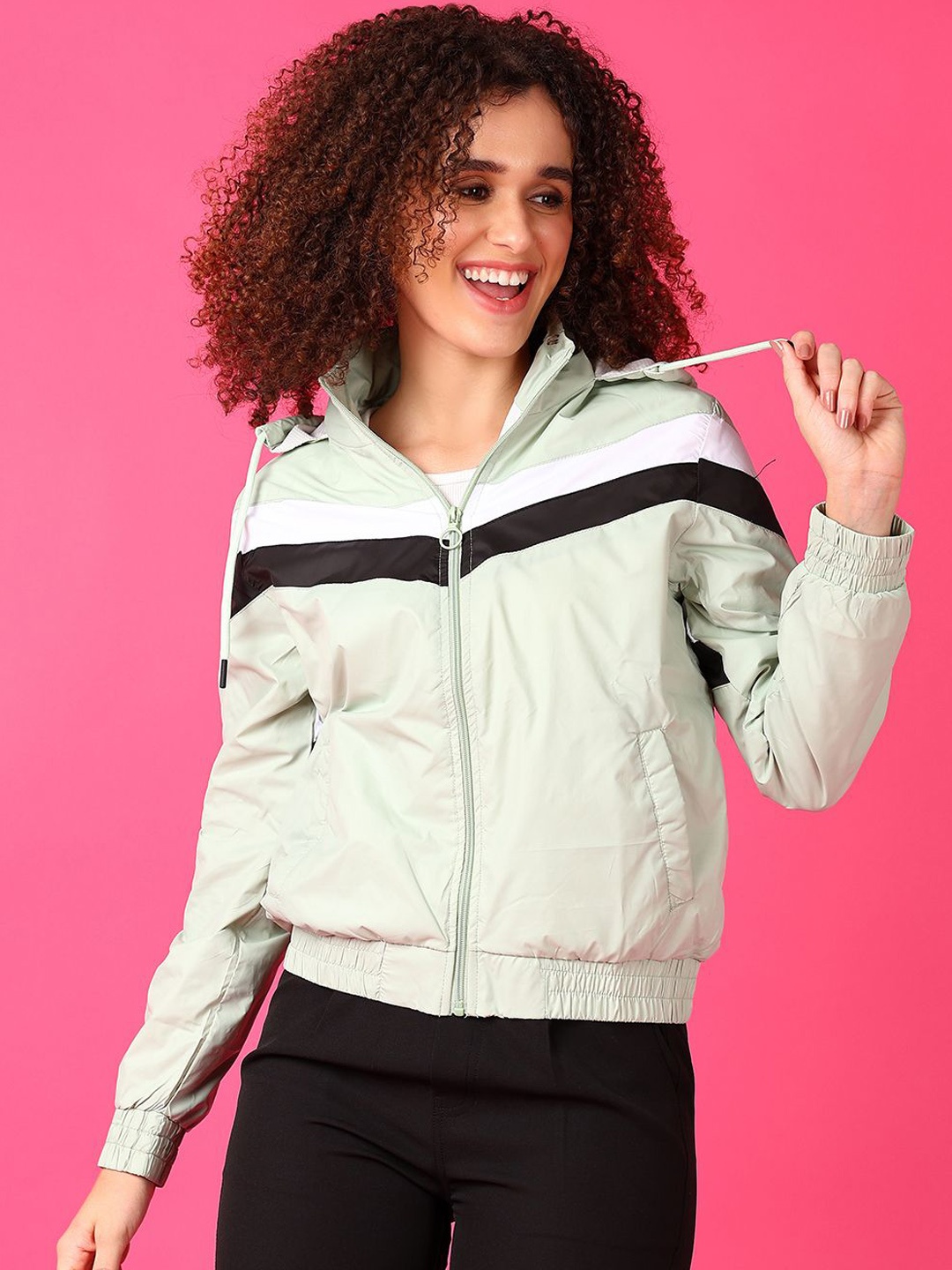 

V-Mart Women Hooded Colourblocked Cotton Casual Bomber Jacket, Beige