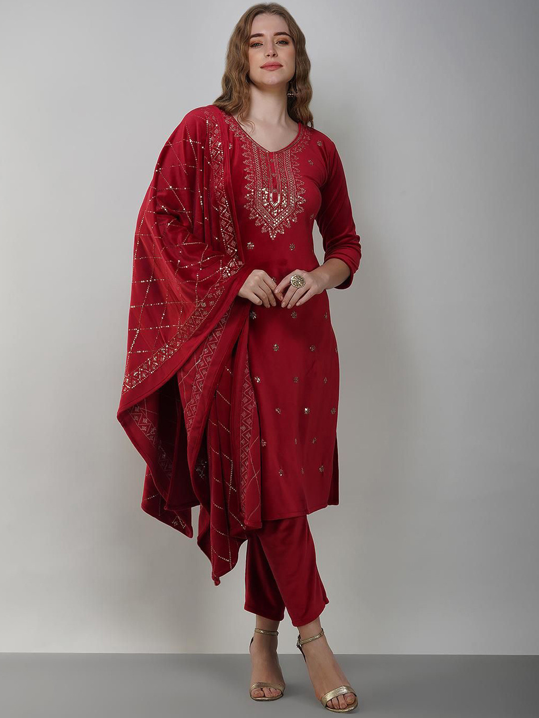 

KALINI Floral Embroidered Sequinned Kurta With Trousers & Dupatta, Maroon