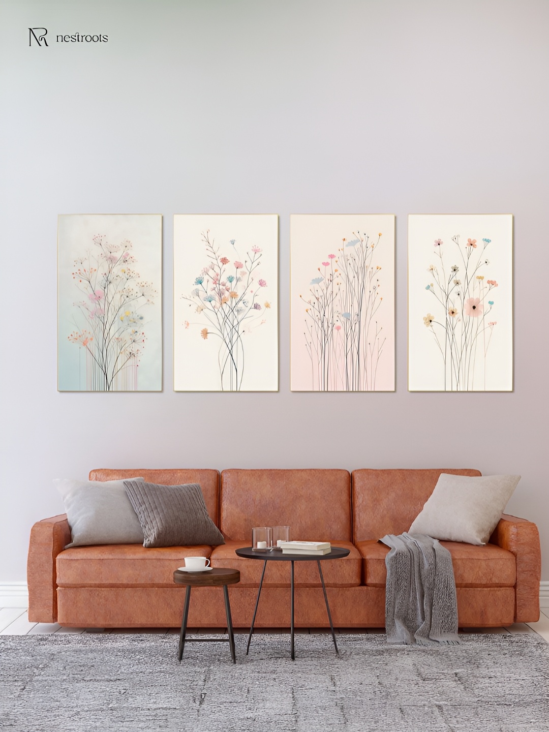 

nestroots White & Pink 4 Pieces Floral Canvas Painting Wall Arts