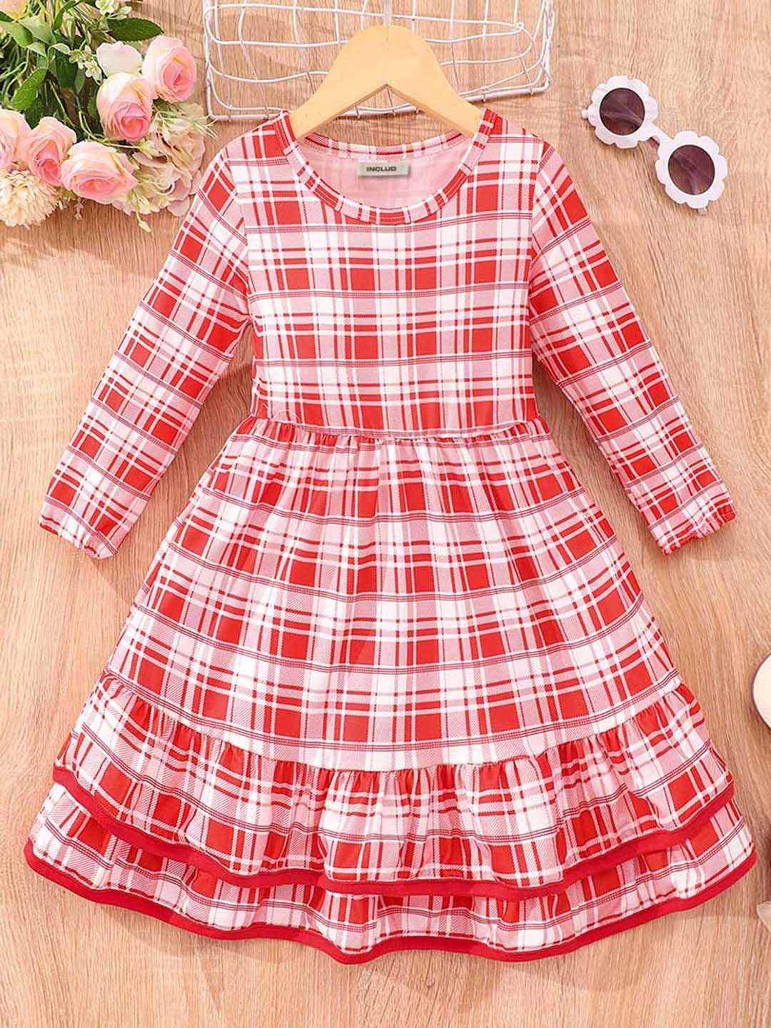 

INCLUD Girls Check Printed Long Sleeve Fit & Flare Dress, Red