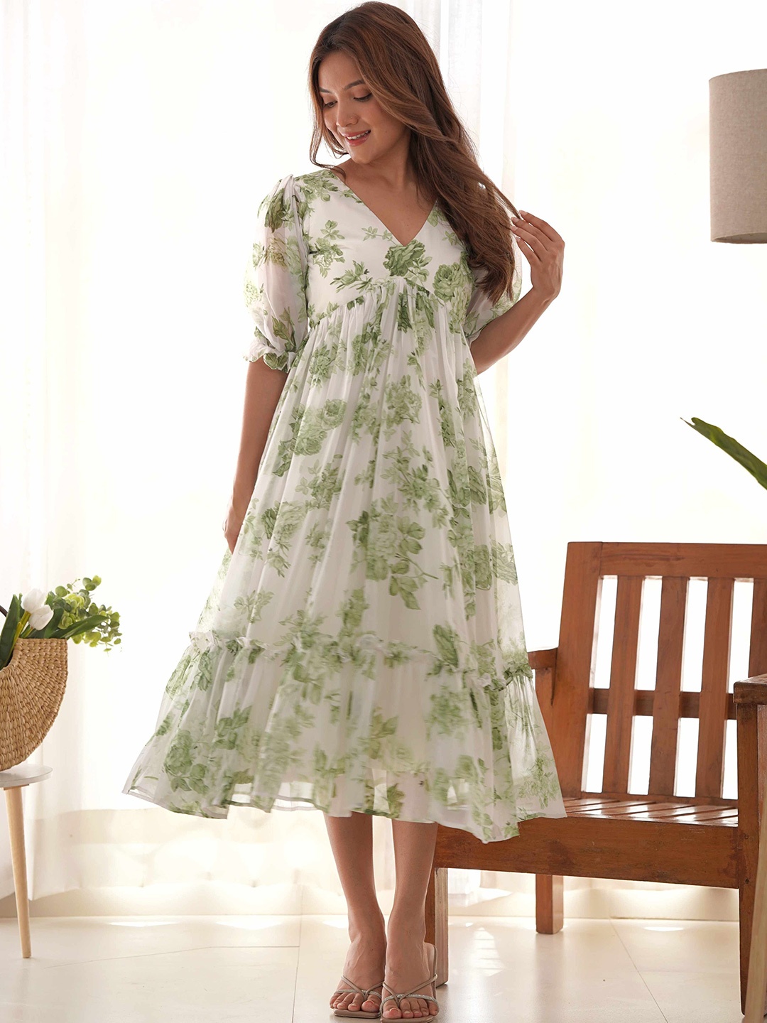 

Tanhai Women Floral Printed Puff Sleeve Fit & Flare Midi Cotton Dress, Lime green