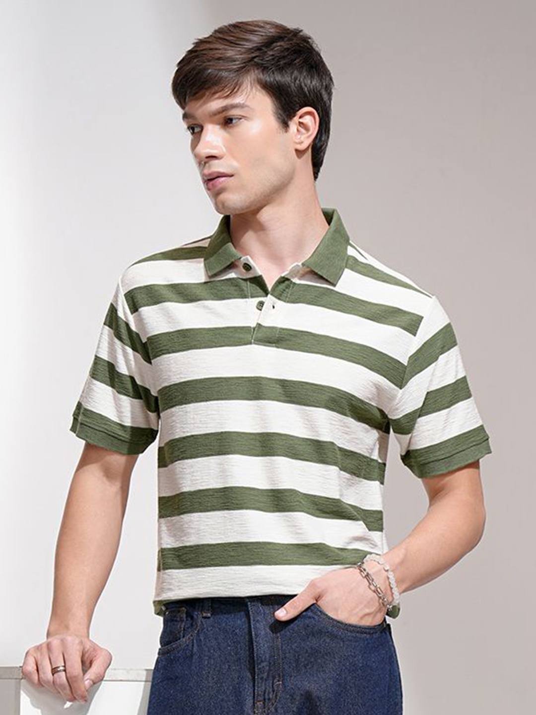 

HIGHLANDER Men Striped Polo Collar Cotton Relaxed Fit T-shirt, Off white