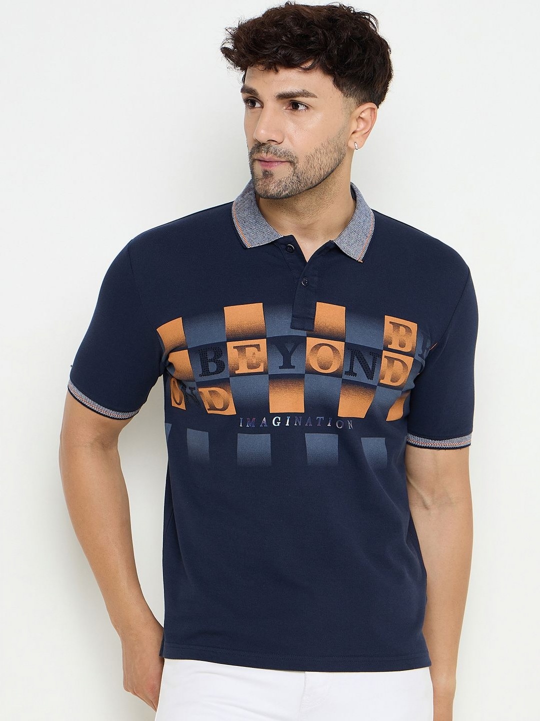 

Duke Men Geometric Printed Polo Collar Cotton Slim Fit T-shirt, Blue