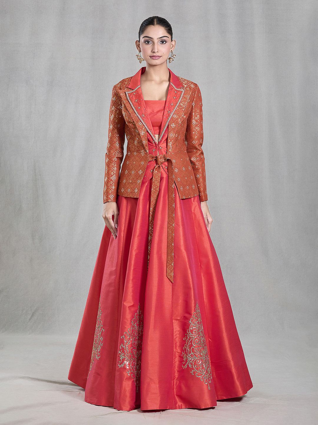 

Samyukta Singhania Sequinned Ready to Wear Lehenga & Blouse With Jacket, Orange