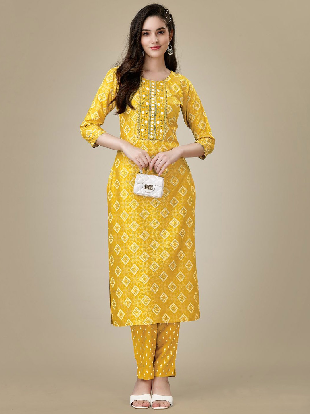 

HI FI NX Bandhani Printed Sequinned Straight Kurta With Trousers, Yellow