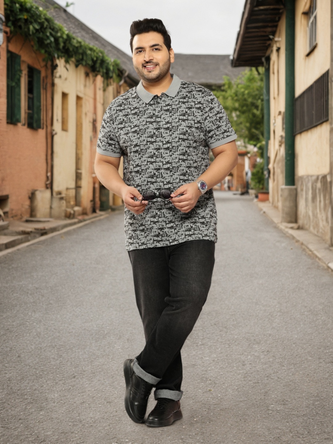 

Sztori Plus Size Printed Polo Collar T-shirt, Grey