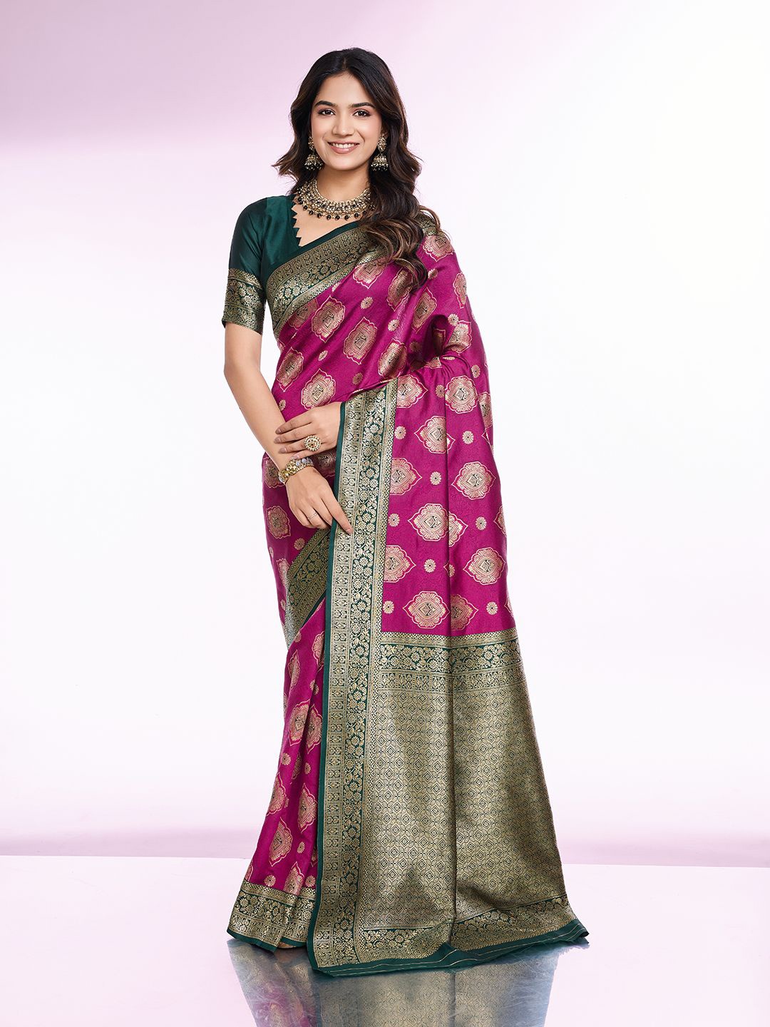 

RICH & ROMAN Ethnic Motifs Woven Design Zari Pure Silk Banarasi Saree, Magenta