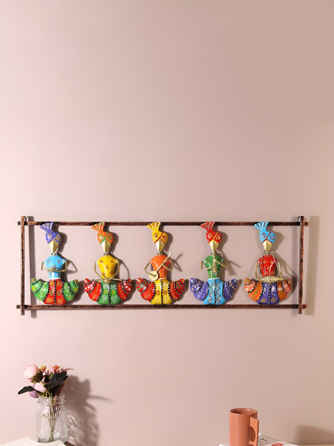

HABERE INDIA Blue & Yellow Rajasthani Folk Figurines Textured Metal Hanging Wall Decor
