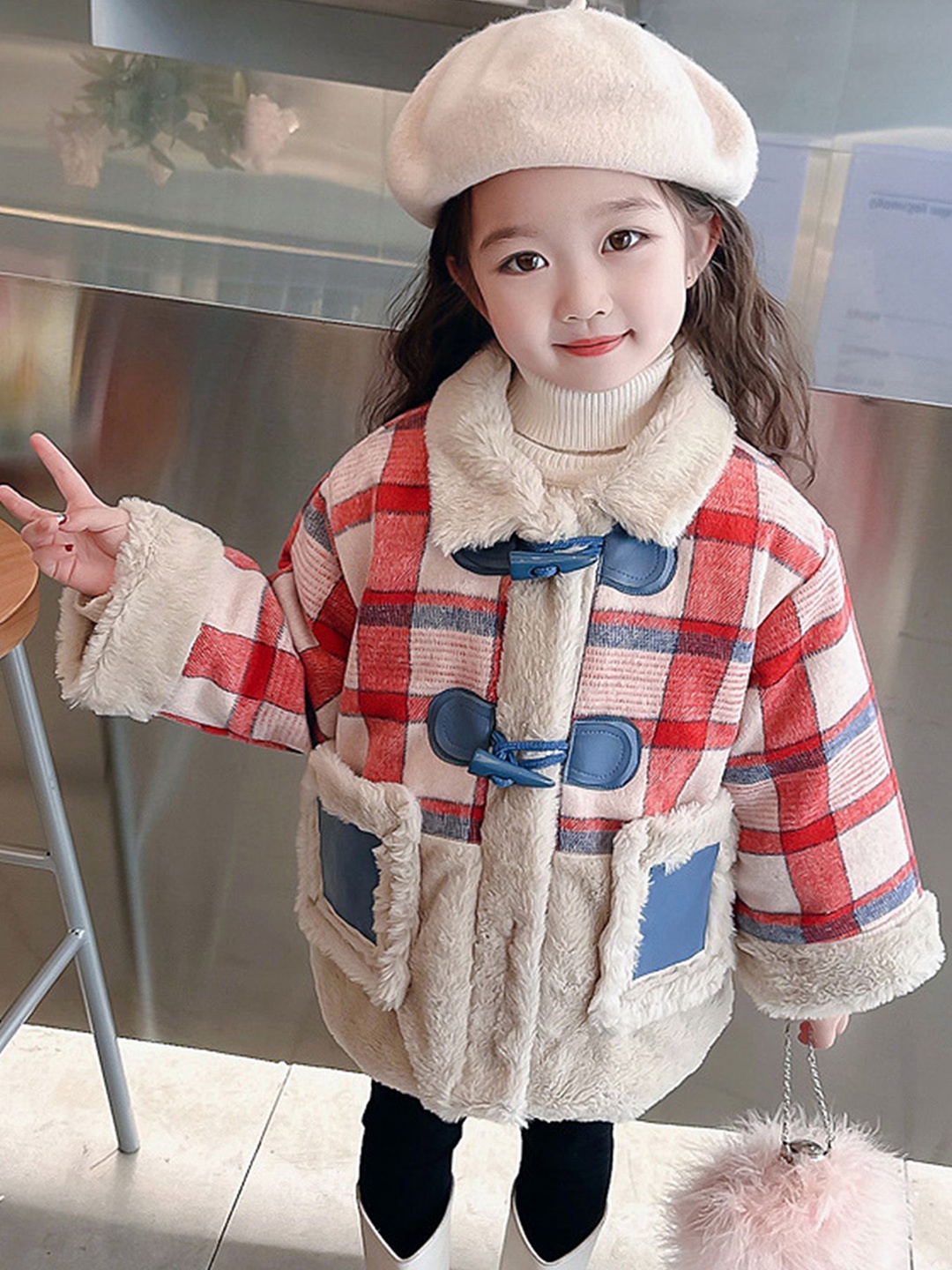 

LULU & SKY Girls Spread Collar Checked Cotton Casual Open Front Jacket, Red