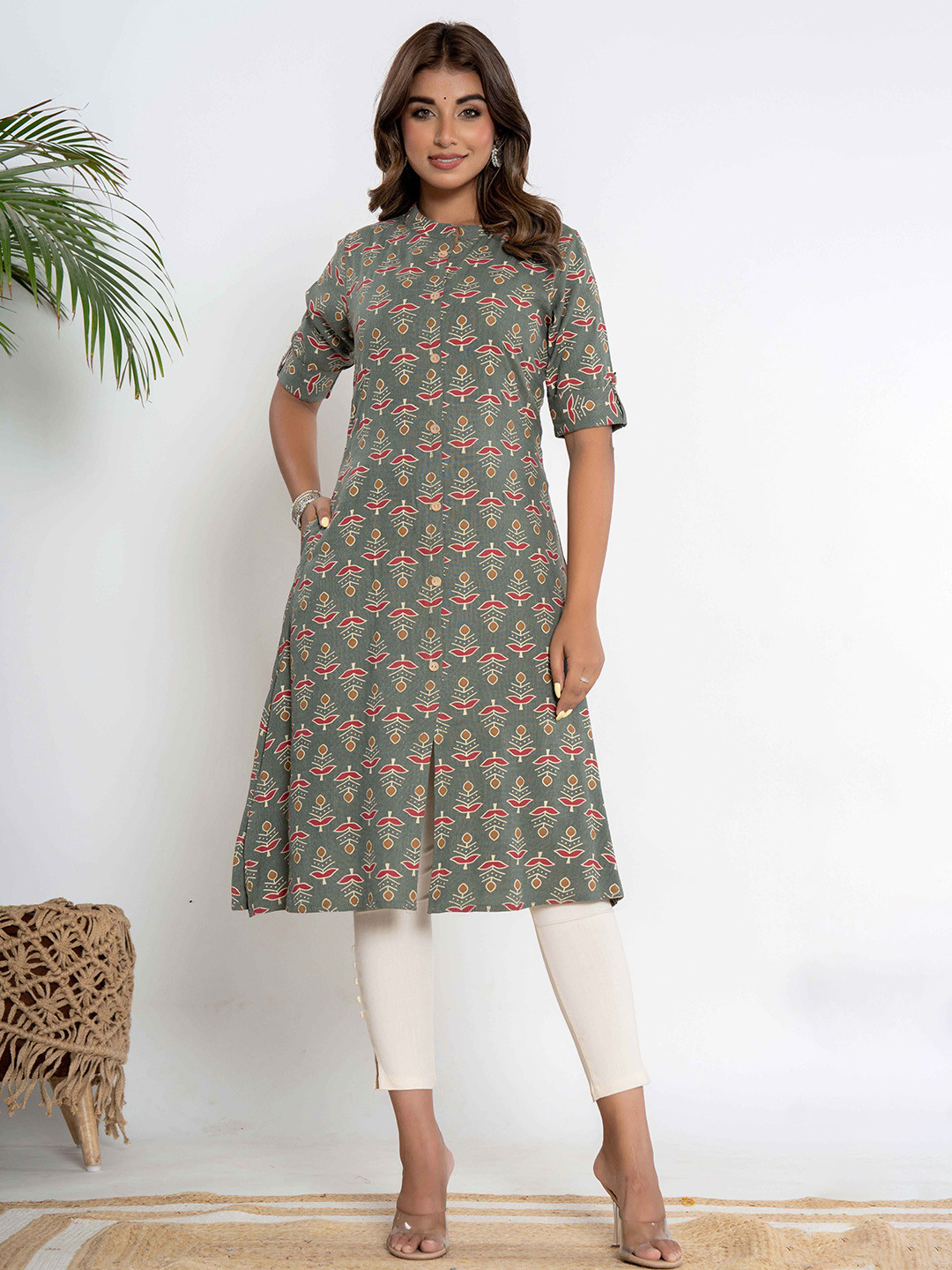 

DIZON Women Ethnic Motifs Printed Mandarin Collar Roll-Up Sleeves Kurta, Grey