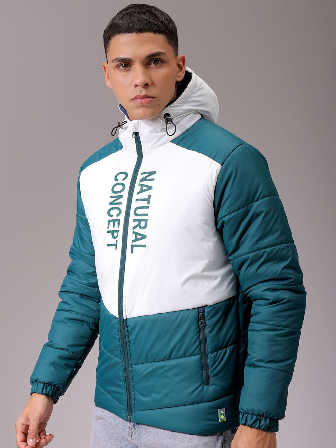 

The Indian Garage Co Men Hooded Colourblocked Puffer Jacket, Green