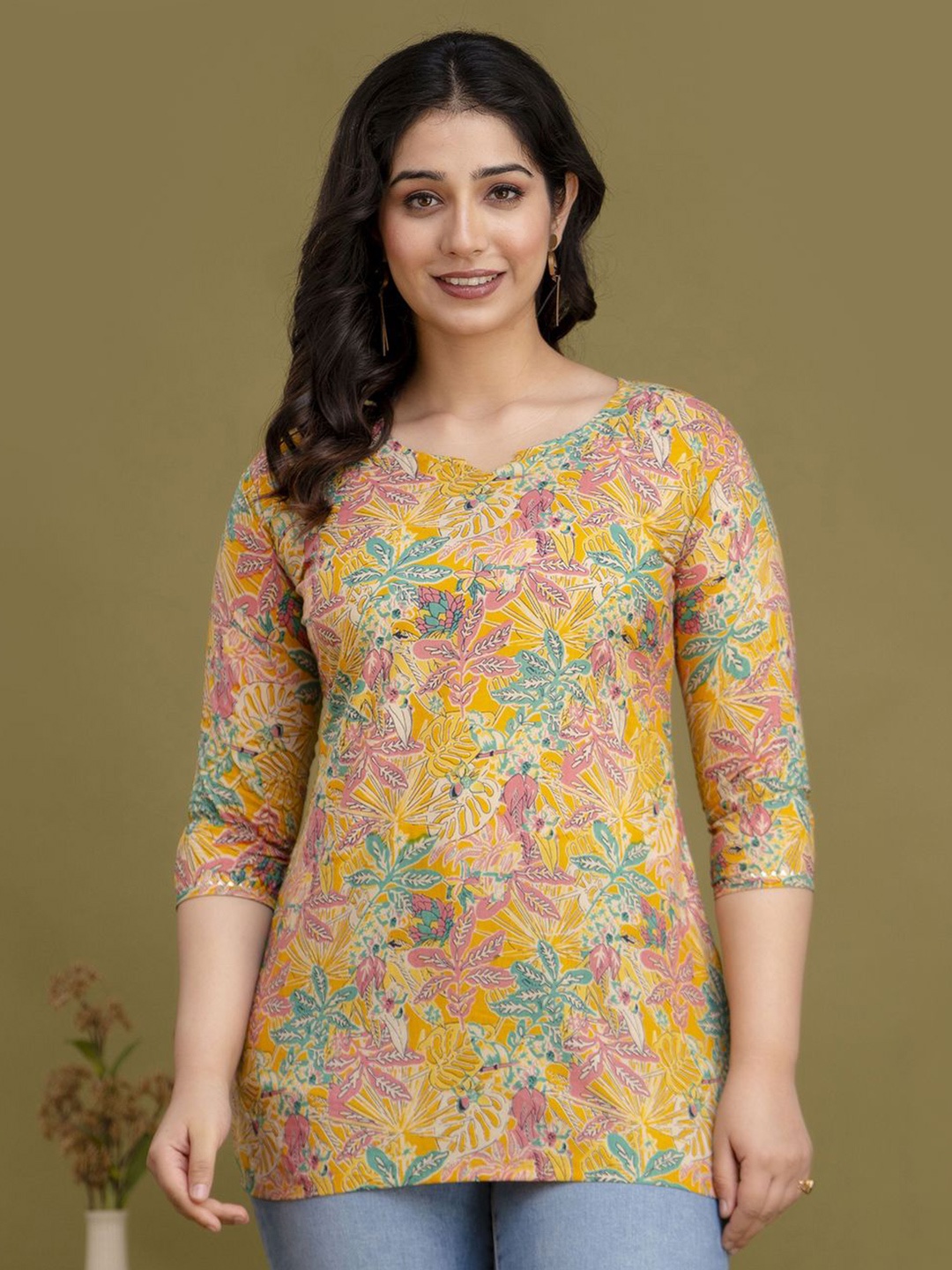 

NITVAN Women Floral Printed Cotton Top, Yellow