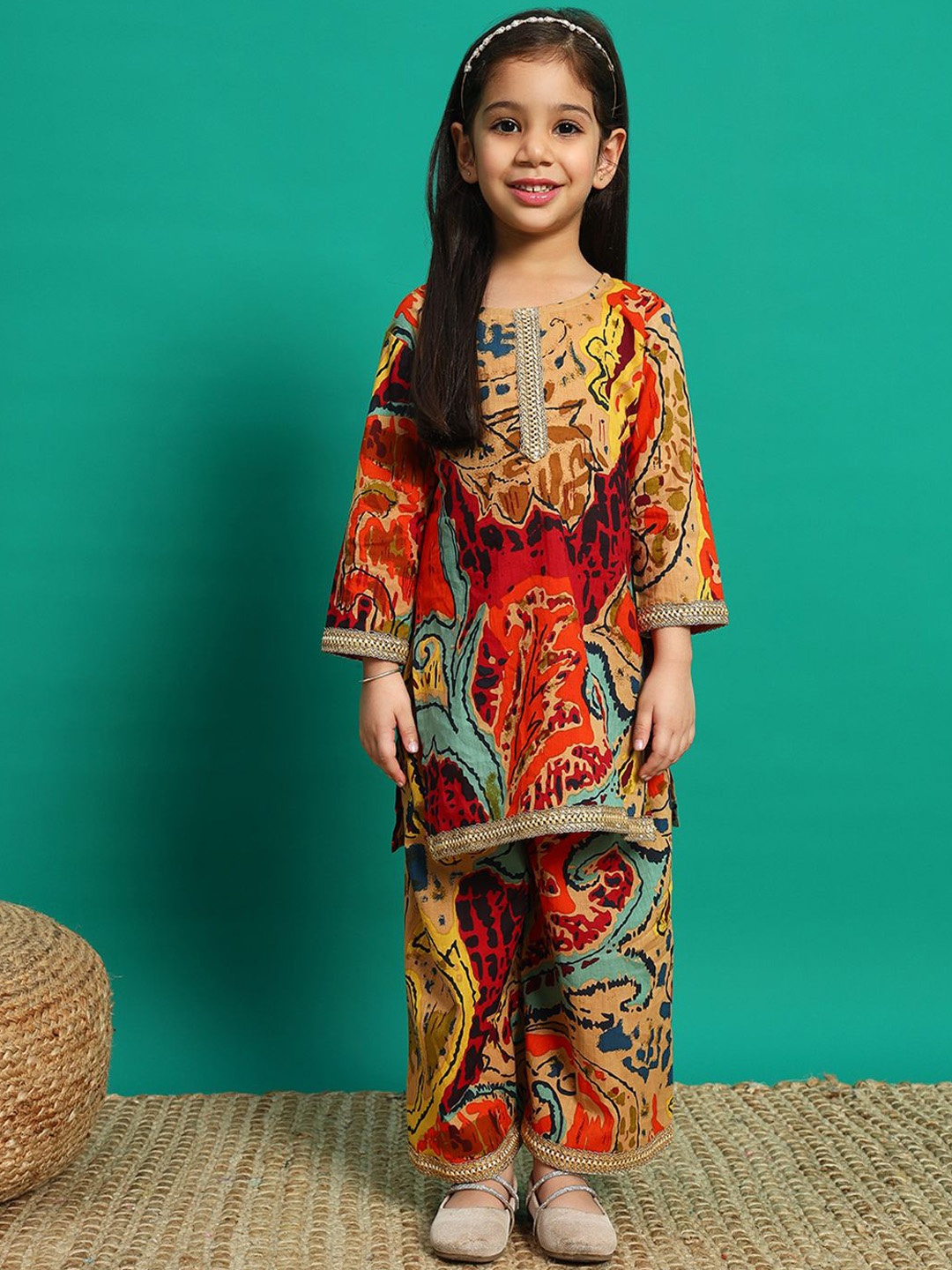 

Readiprint Girls Floral Printed Gotta Patti Pure Cotton Kurti With Palazzo, Brown