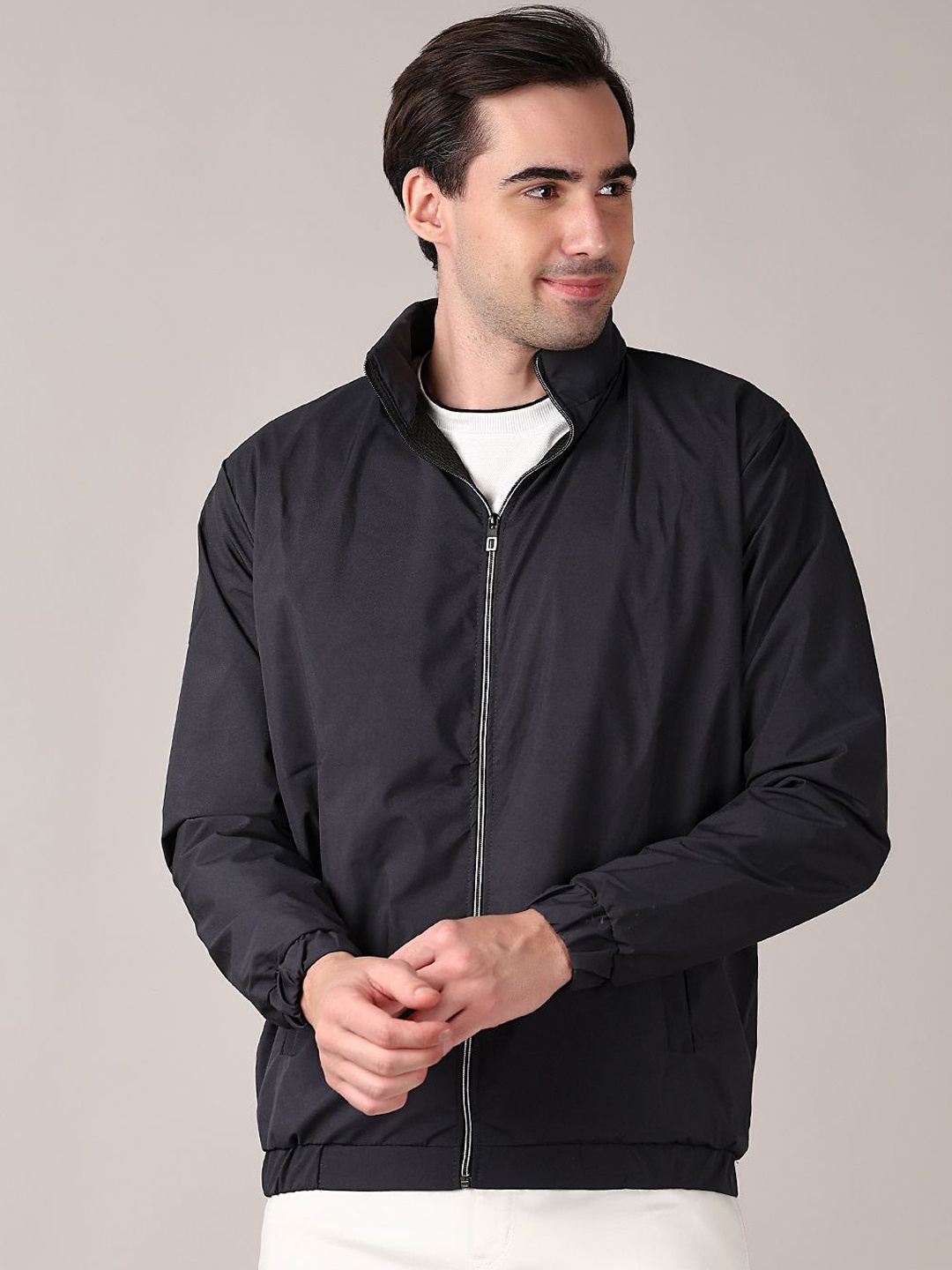 

V-Mart Men Mock Collar Solid Cotton Casual Bomber Jacket, Charcoal
