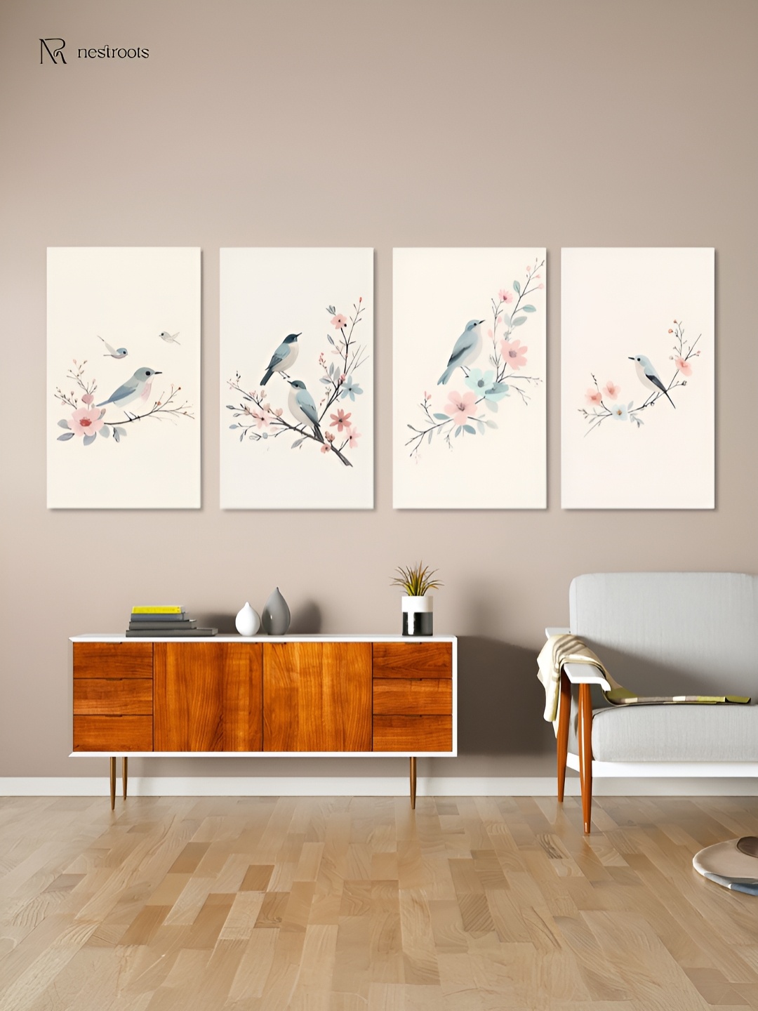 

nestroots White & Grey 4 Pieces Chirpy Birds Canvas Paintings Wall Arts