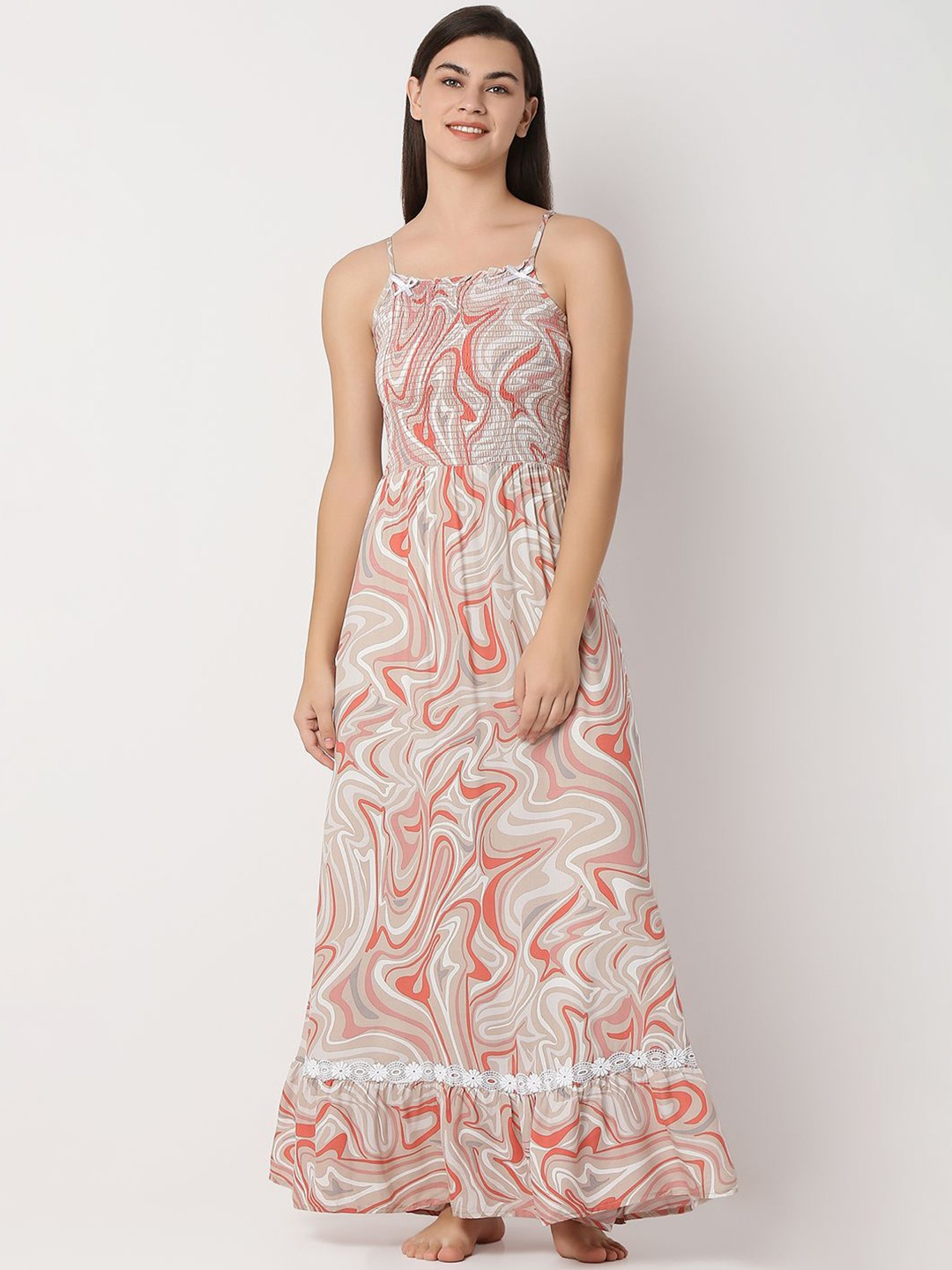 

Juliet Women Printed Shoulder Straps Maxi Nightdress, Beige