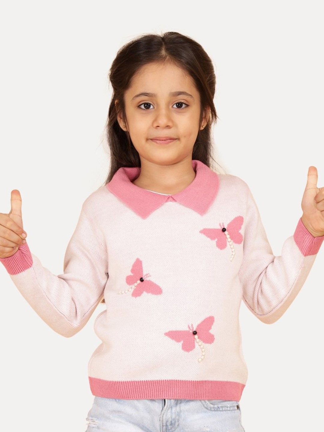 

JoE Hazel Girls Shirt Collar Woollen Pullover, Pink