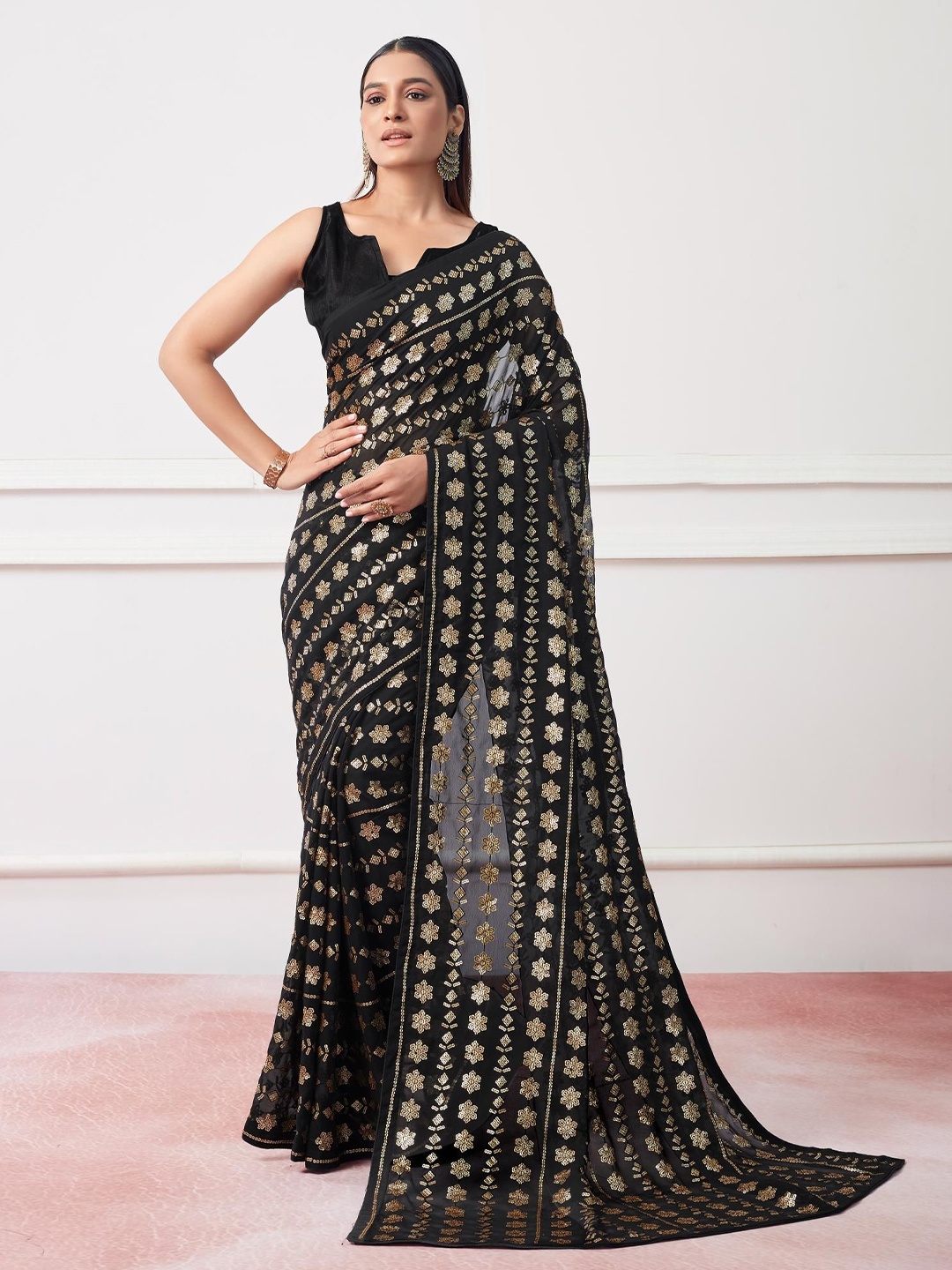 

Kalista Floral Sequinned Pure Chiffon Ready to Wear Saree, Black