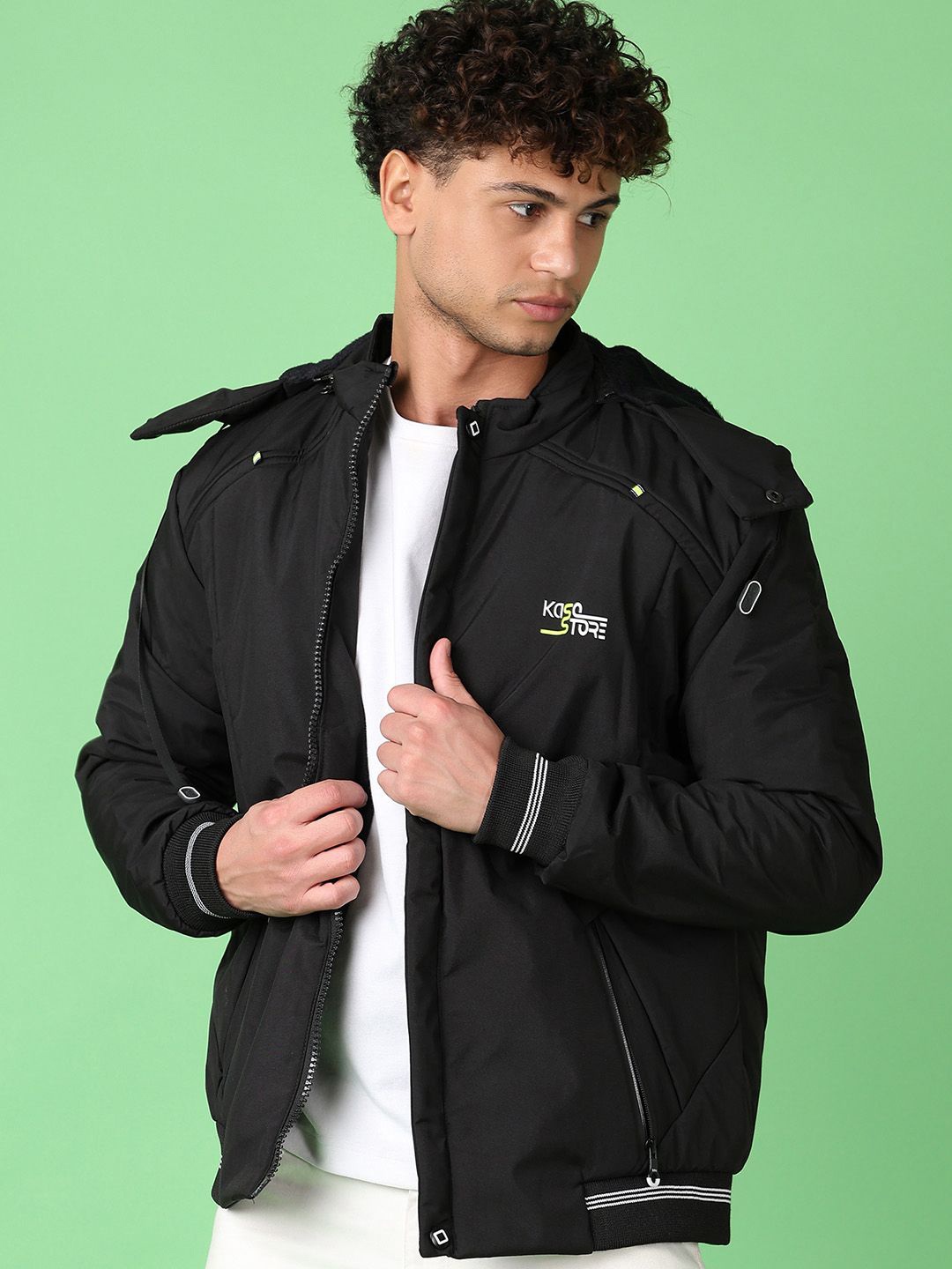 

V-Mart Men Hooded Solid Cotton Casual Bomber Jacket, Black