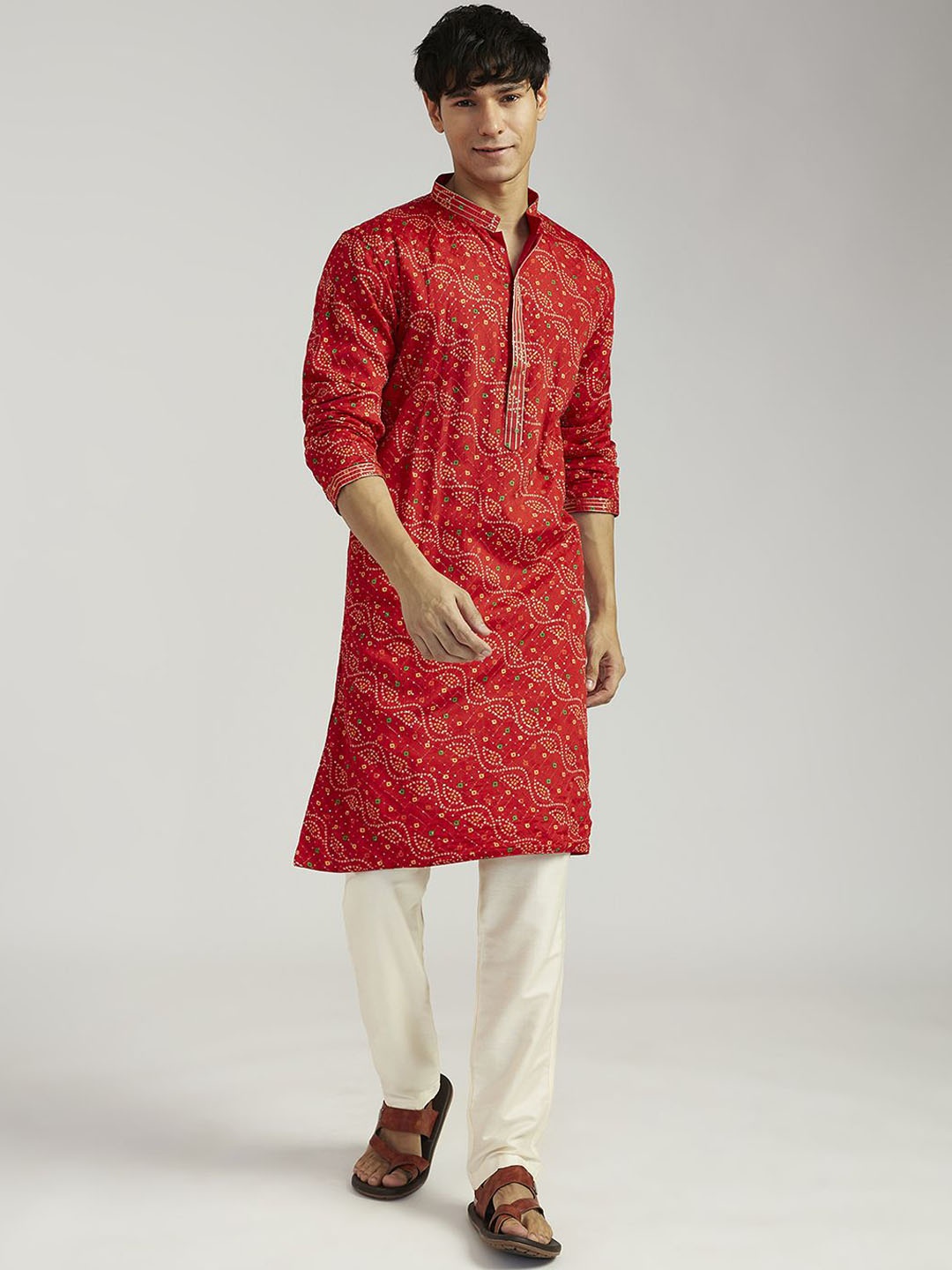 

VASTRAMAY Bandhani Printed Thread Work & Sequinned Chinon Straight Kurta with Pyjamas, Red