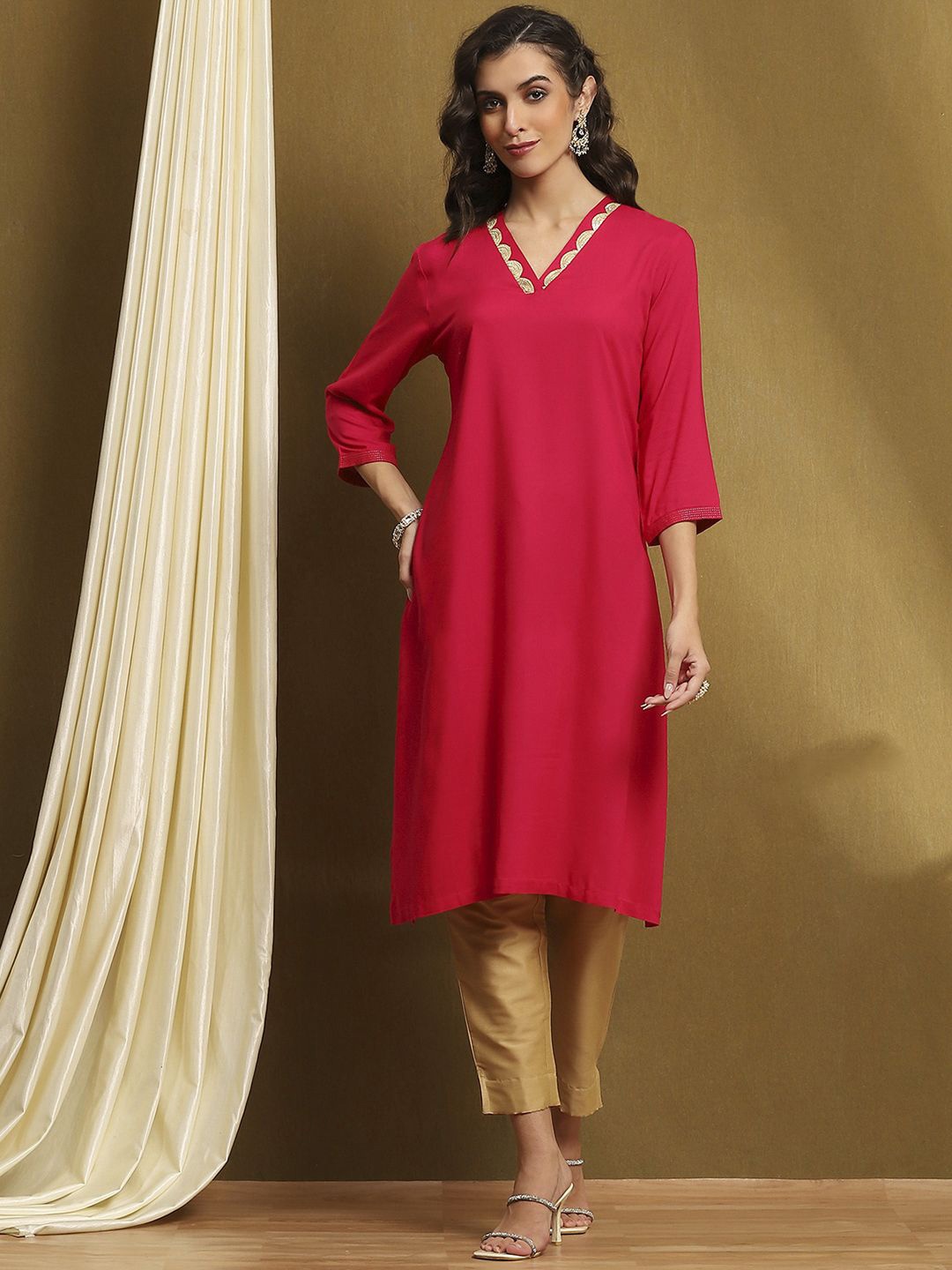 

Biba V-Neck A-Line Kurta, Pink