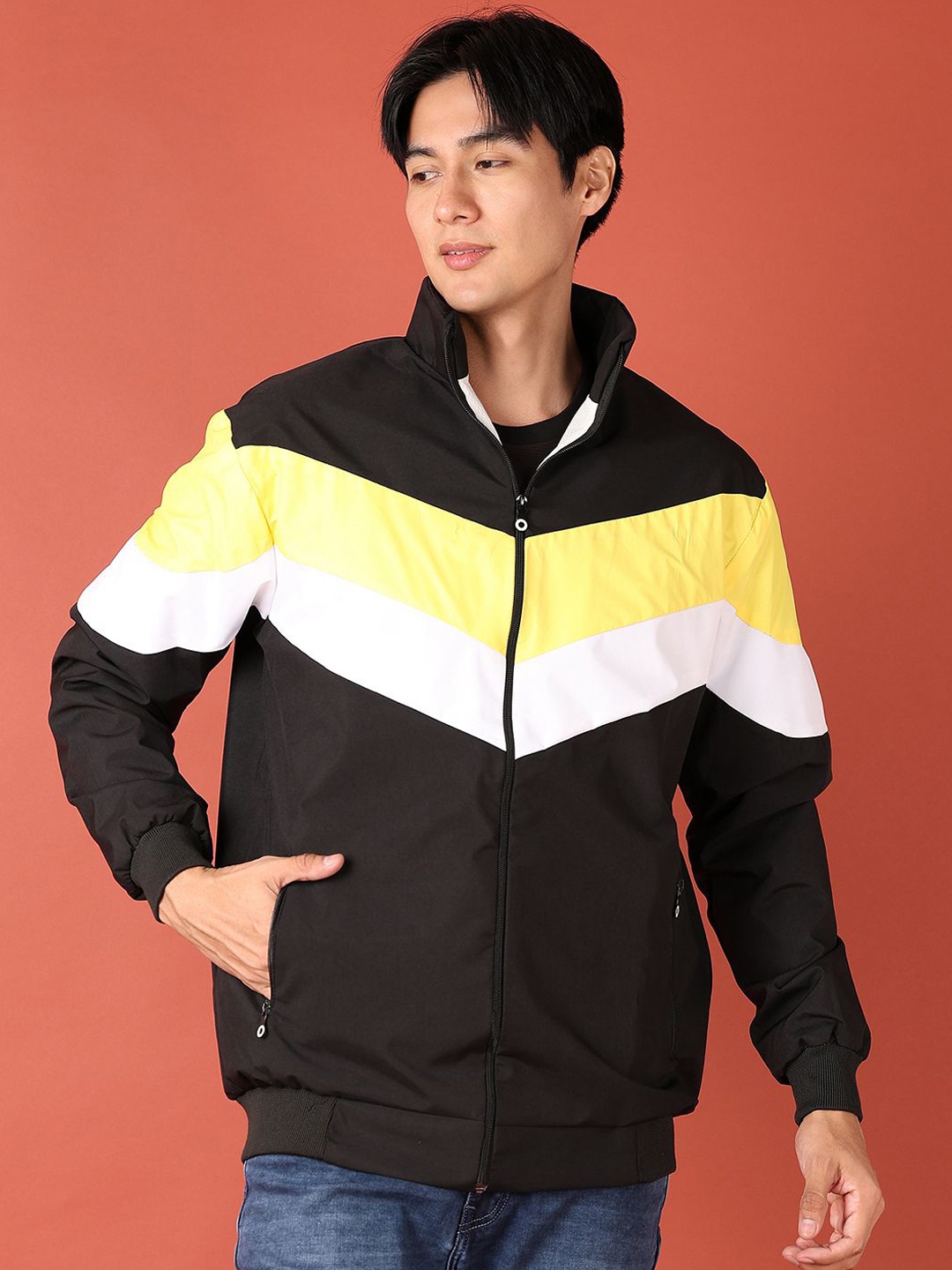 

V-Mart Men Mock Collar Colourblocked Cotton Casual Bomber Jacket, Black