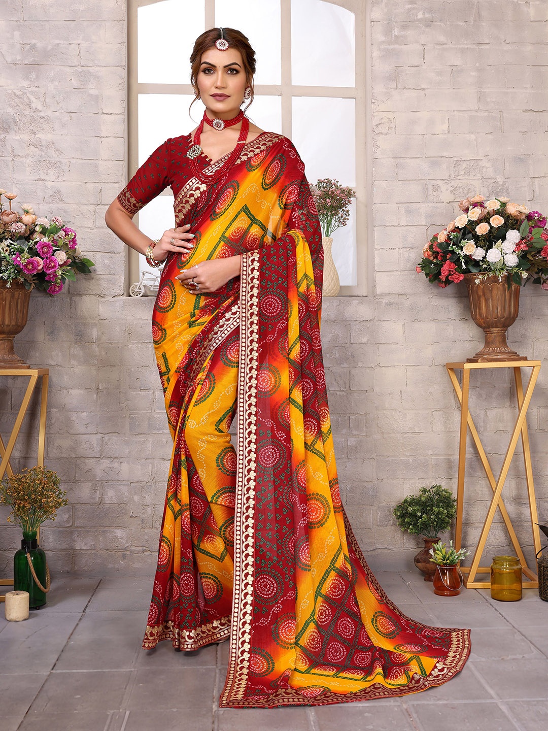 

KALINI Bandhani Printed Saree, Maroon