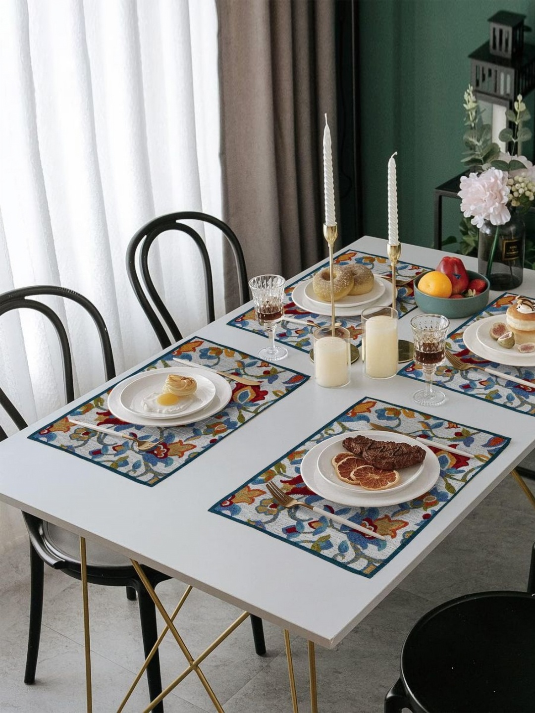 

PRAKARTIK Set of 4 Blue & Red Cotton Floral Printed Rectangle Dining Table Mats