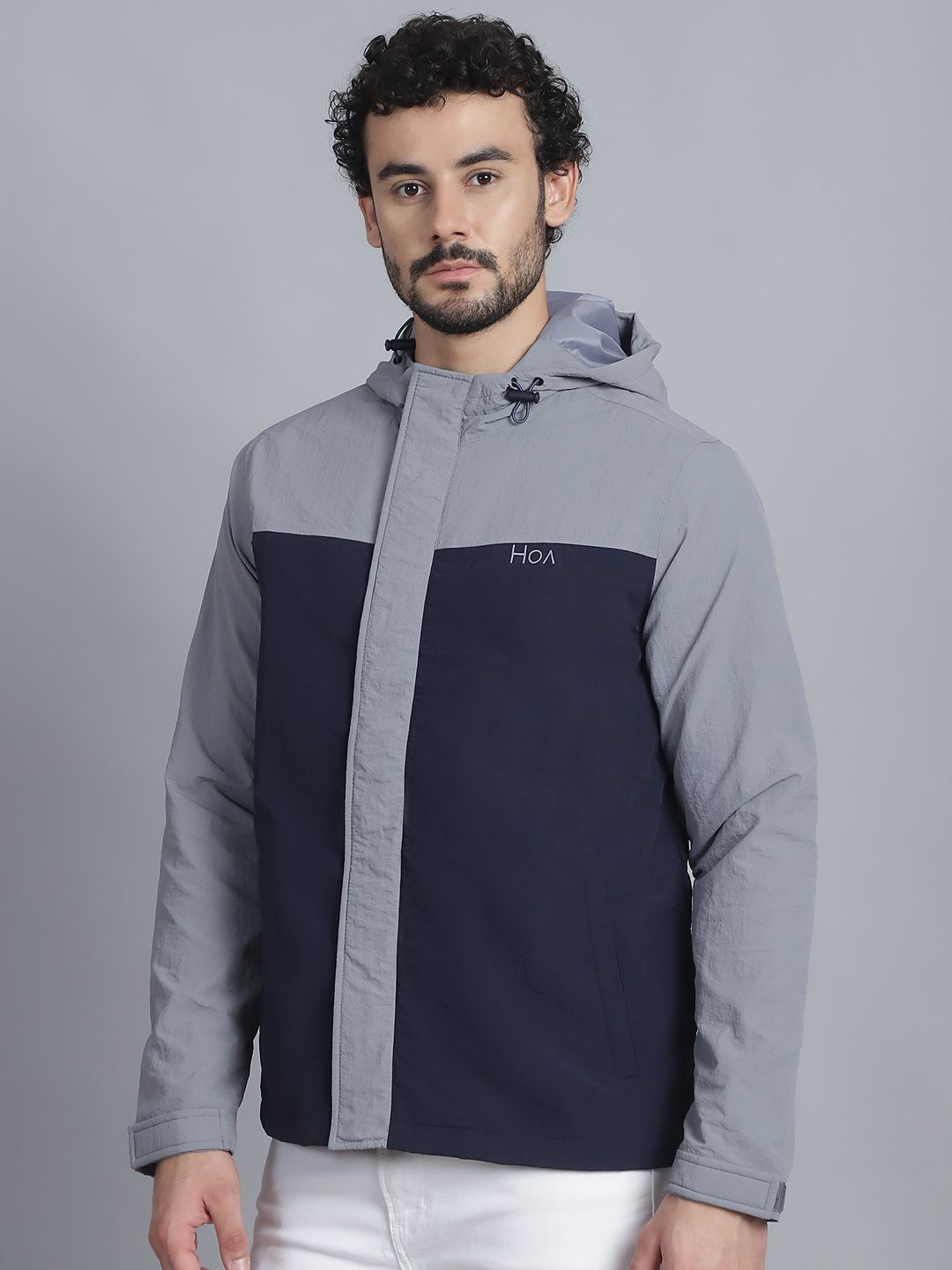 

HOUSE OF VEDAS Men Hooded Colourblocked Casual Sporty Jacket, Grey