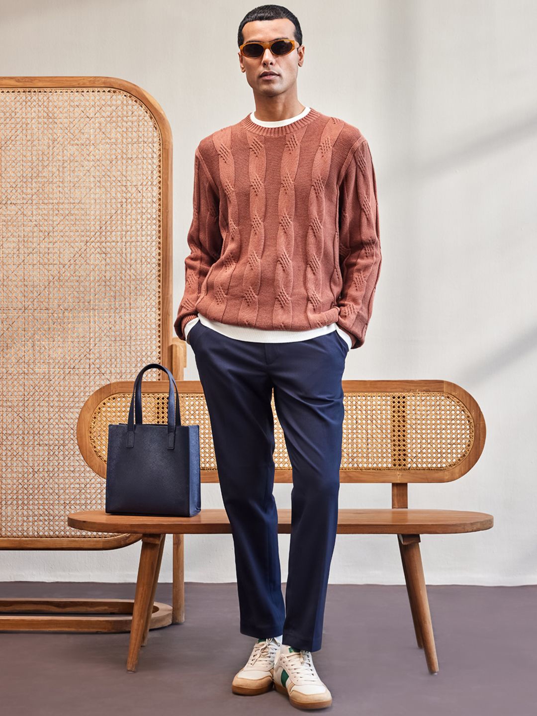 

Mr Bowerbird Men Cable Knit Self Design Cotton Pullover, Brown