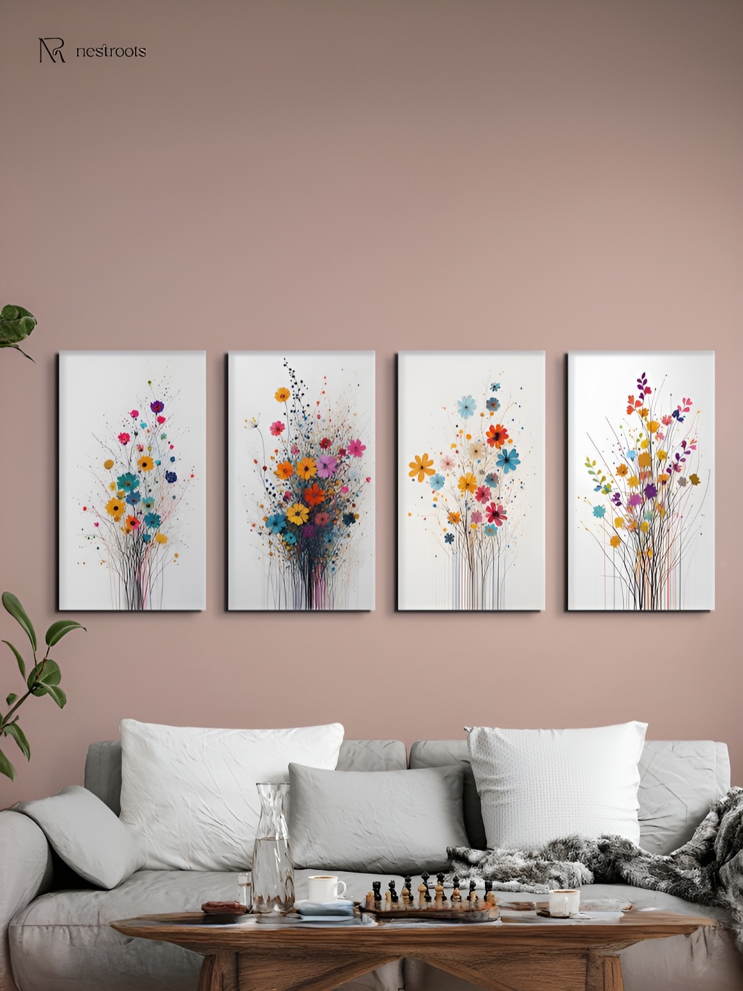 

nestroots White & Yellow 4 Pieces Floral Elegance Canvas Painting Wall Arts