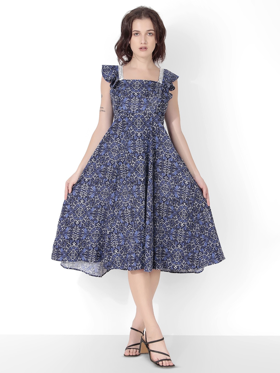 

Seryeon Women Floral Printed Flutter Sleeve Liva Fit & Flare Midi Dress, Navy blue