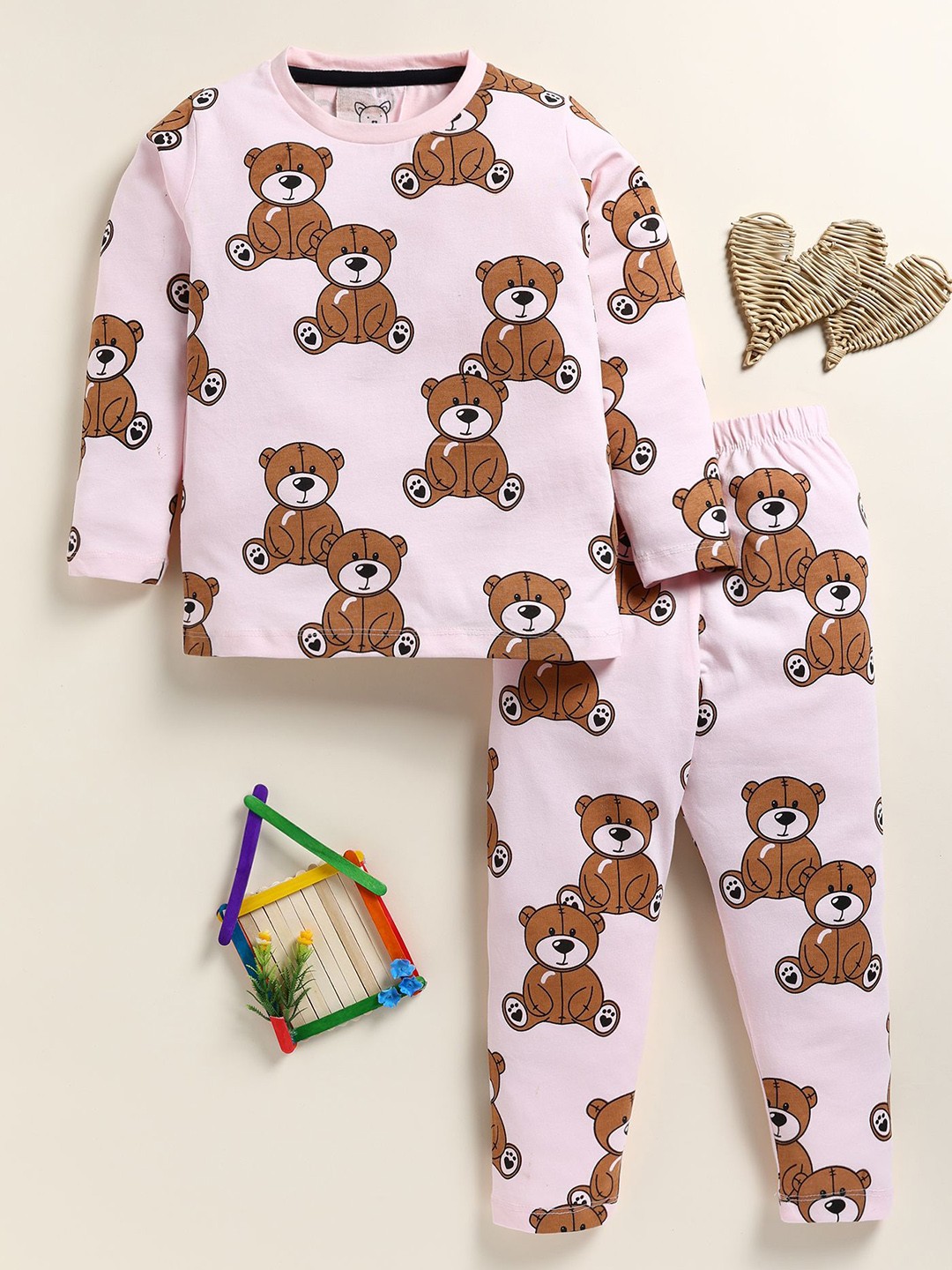 

YK Boys Printed Round Neck Night Suit, Pink