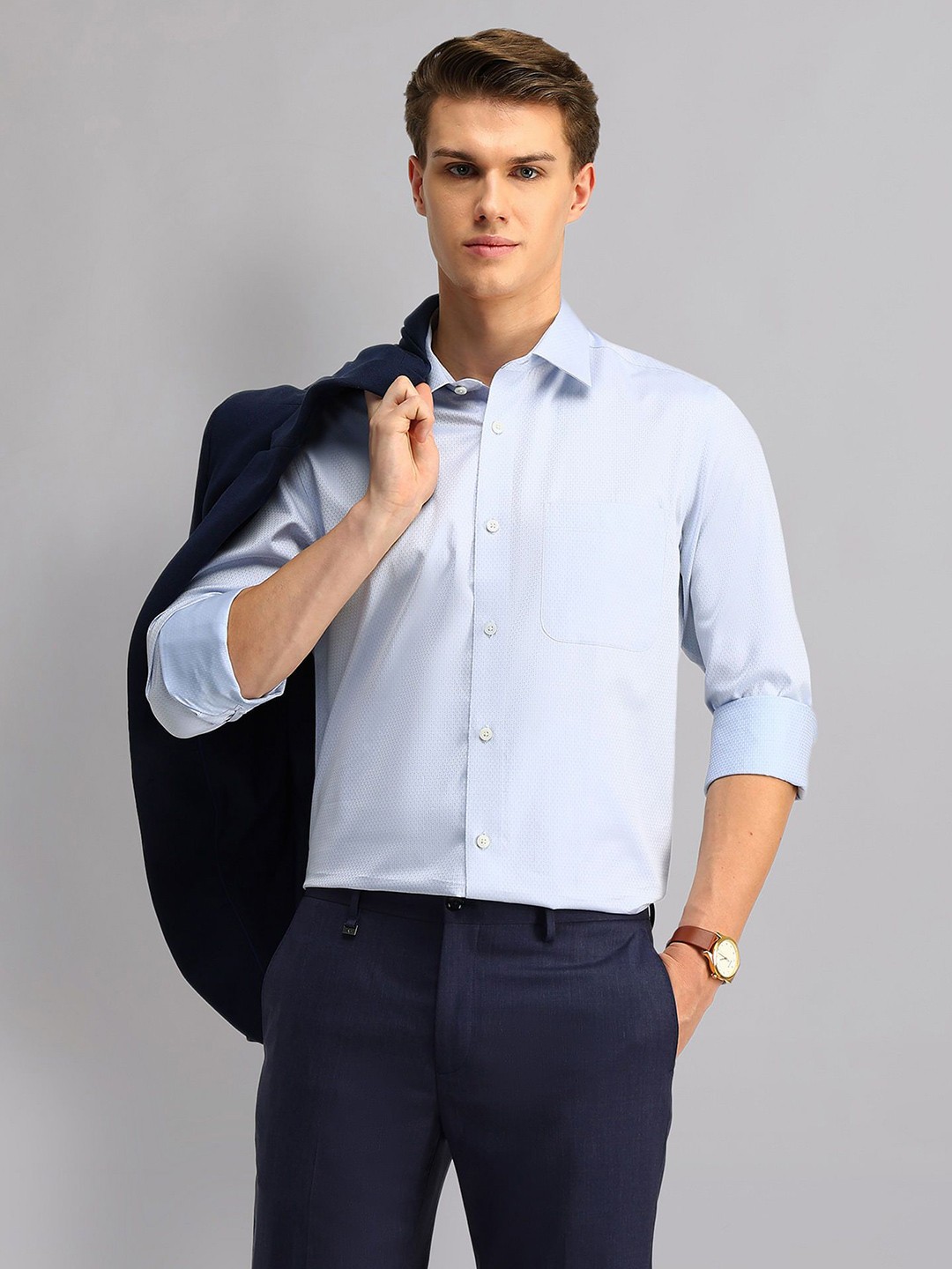 

AD By Arvind Men Spread Collar Textured Cotton Formal Shirt, Blue