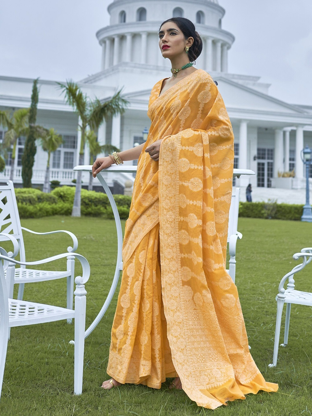 

MAHALASA Ethnic Motifs Pure Cotton Chanderi Saree, Yellow